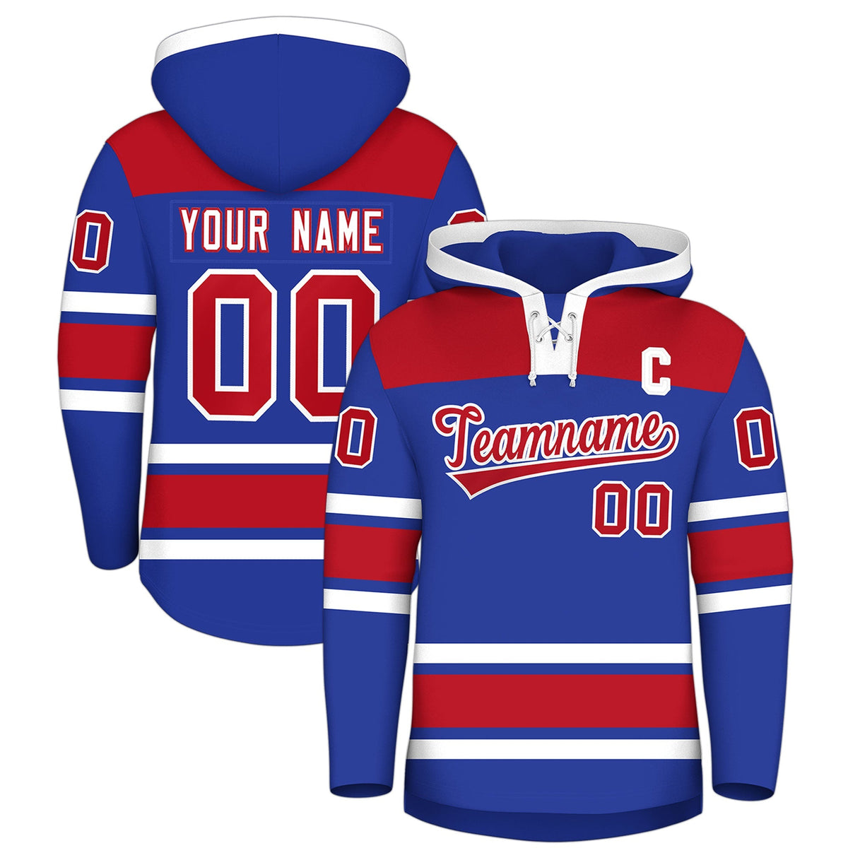 Custom Hockey Hoodie Jersey Royal Blue Red Raglan Sleeves Lace-Up Neck Personal Name &amp; Number &amp; Logo