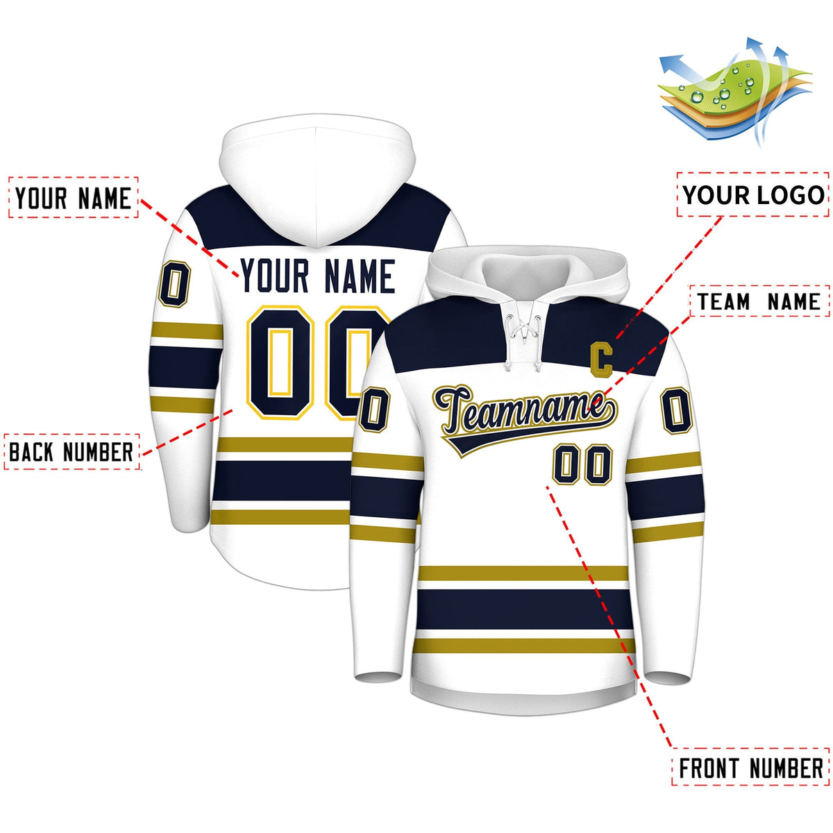Custom Hockey Hoodie Jersey White Navy Raglan Sleeves Lace-Up Neck Personal Name &amp; Number &amp; Logo