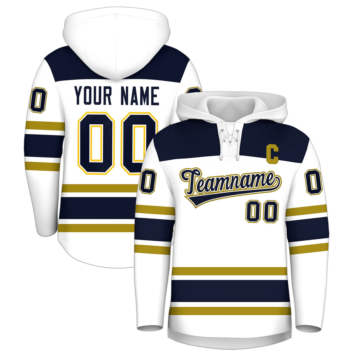 Custom Hockey Hoodie Jersey White Navy Raglan Sleeves Lace-Up Neck Personal Name &amp; Number &amp; Logo