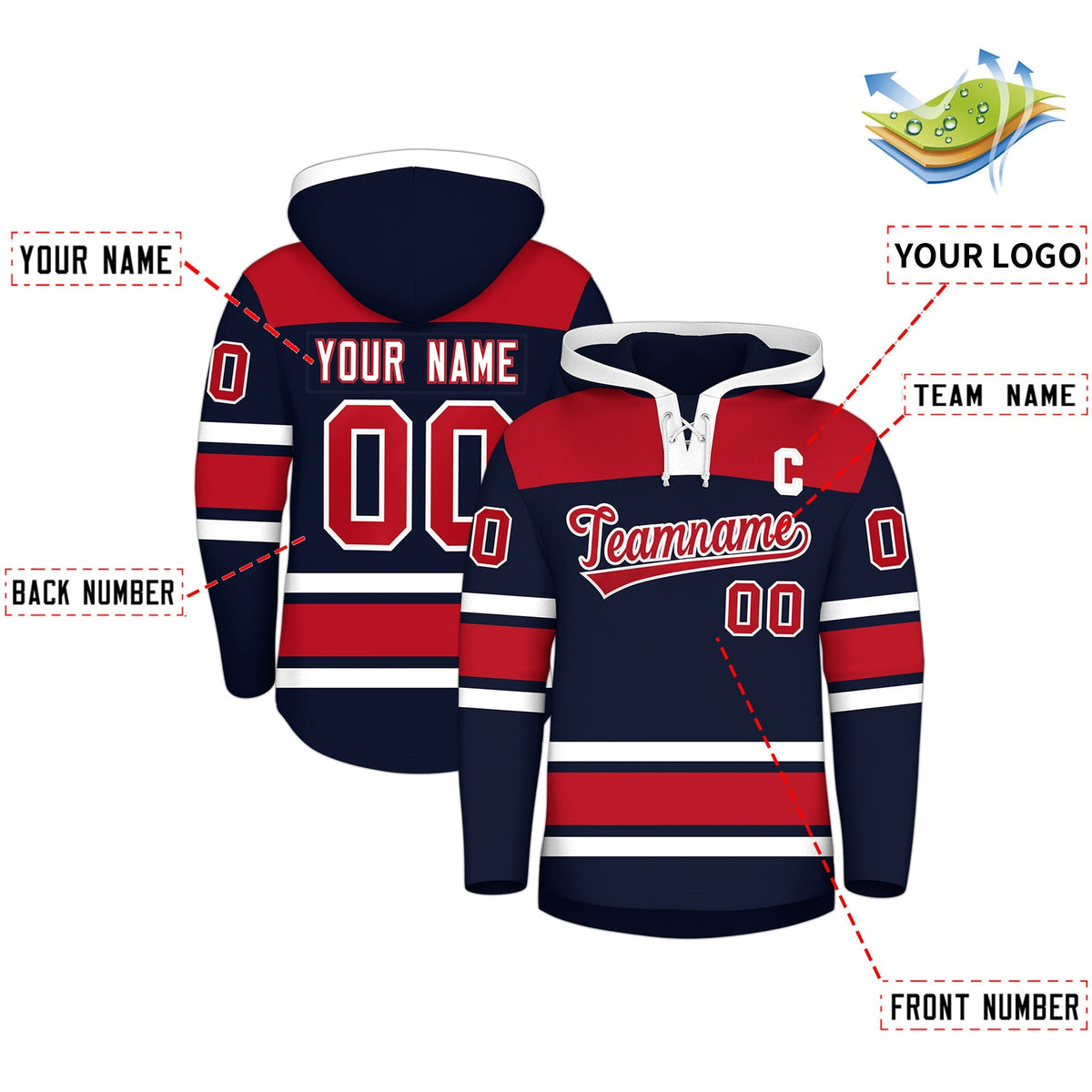 Custom Hockey Hoodie Jersey Navy Red Raglan Sleeves Lace-Up Neck Classic Team Colors Hoodie