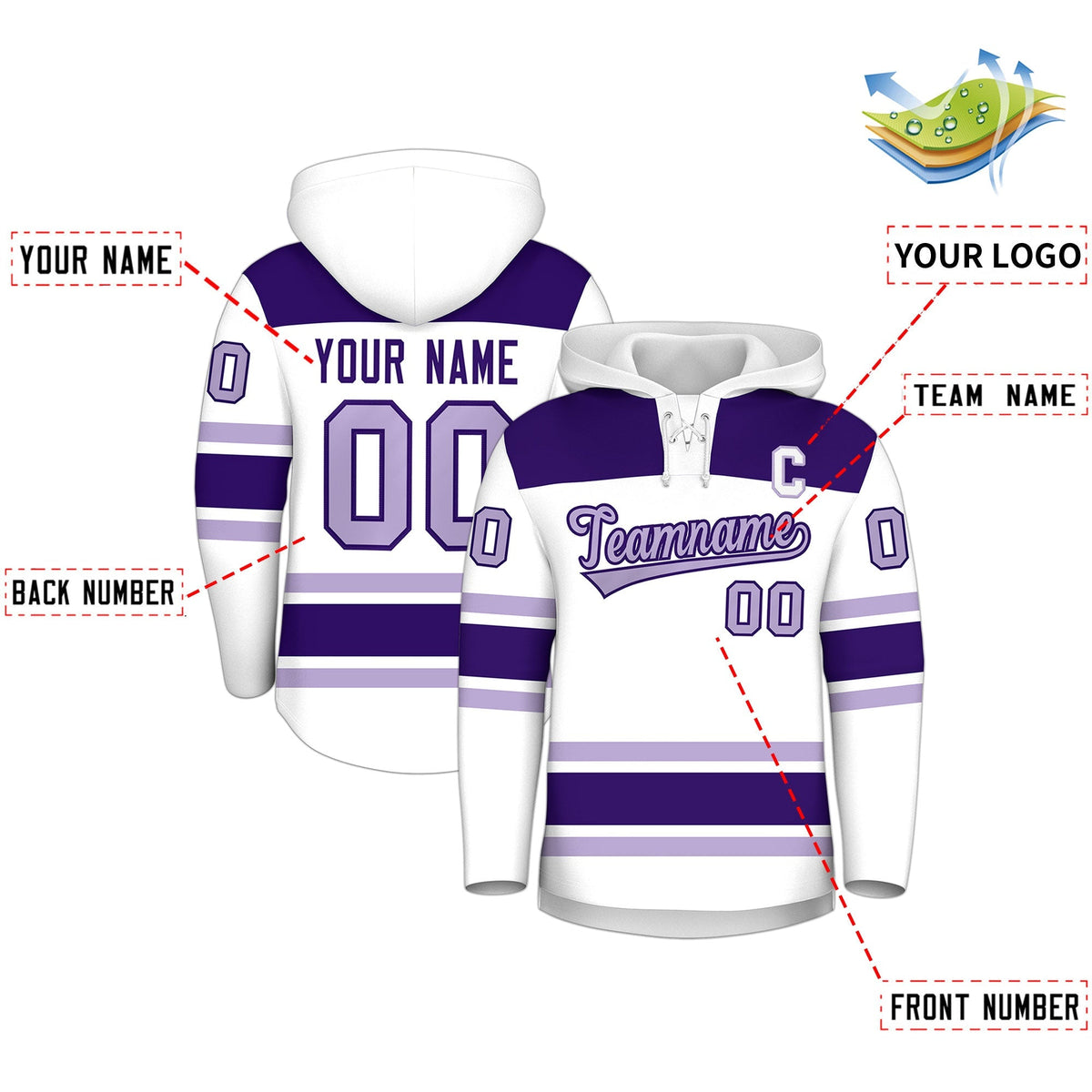Custom Hockey Hoodie Jersey White Purple Raglan Sleeves Lace-Up Neck Personalized Jersey for Men &amp; Youth