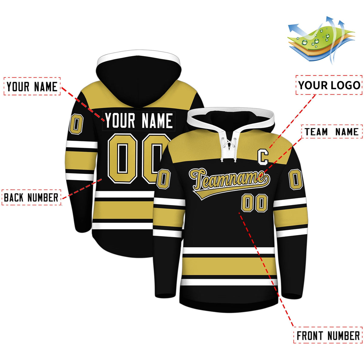 Custom Hockey Hoodie Jersey Black Old Gold Raglan Sleeves Lace-Up Neck Personal Name &amp; Number &amp; Logo