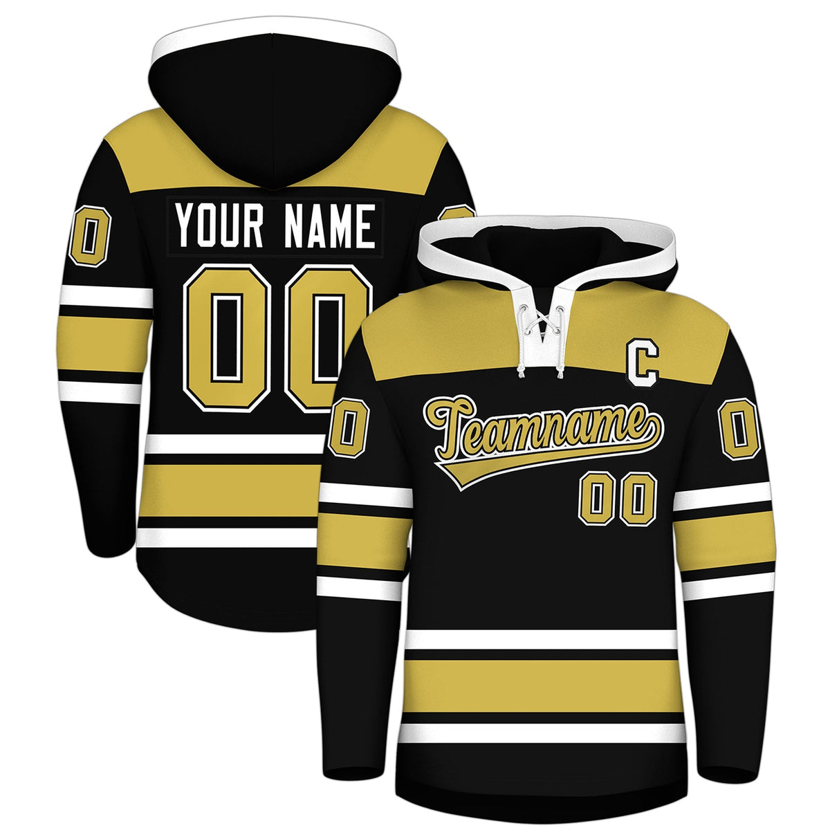 Custom Hockey Hoodie Jersey Black Old Gold Raglan Sleeves Lace-Up Neck Personal Name &amp; Number &amp; Logo