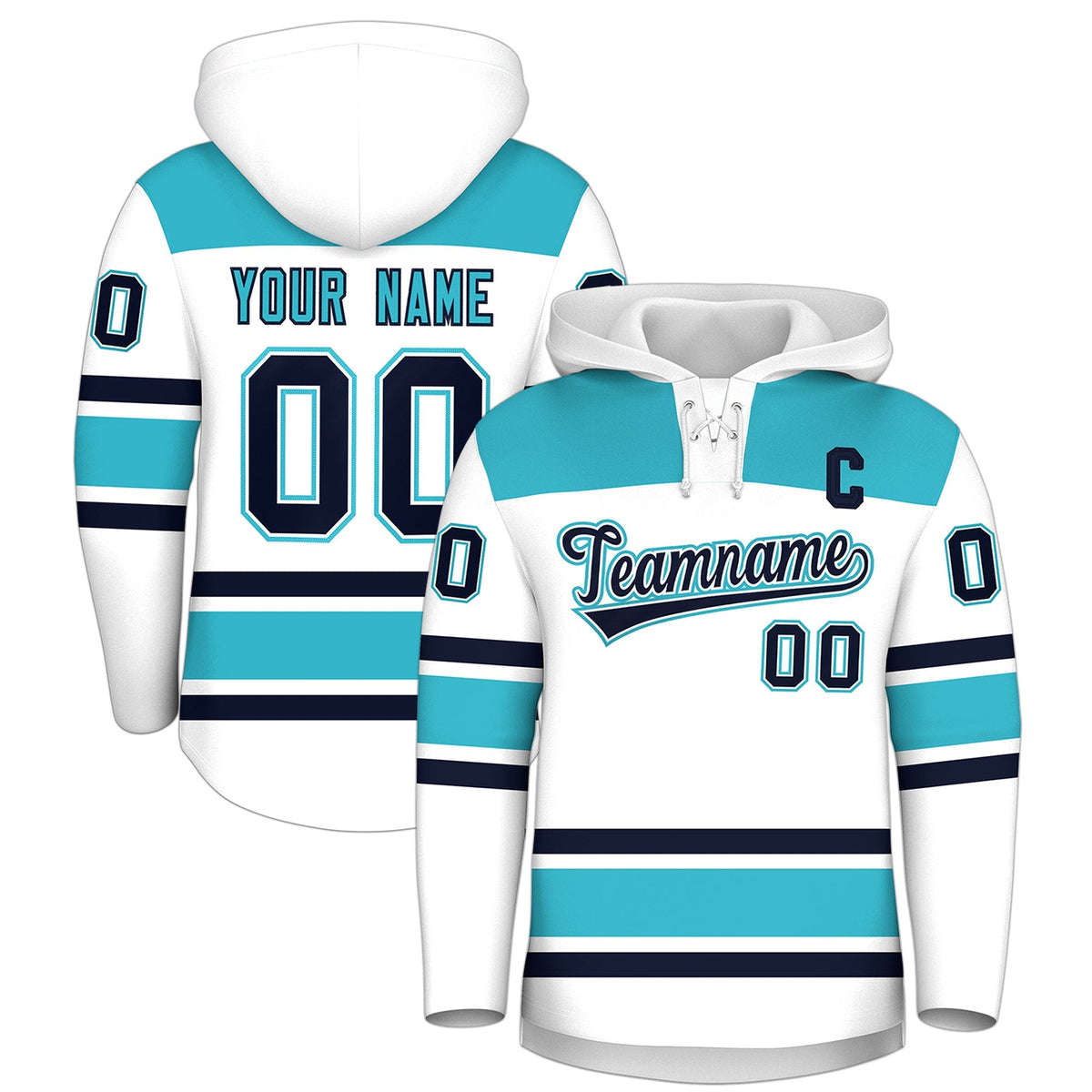 Custom Hockey Hoodie Jersey White Sky Blue Raglan Sleeves Lace-Up Neck Personalized Jersey for Men &amp; Youth