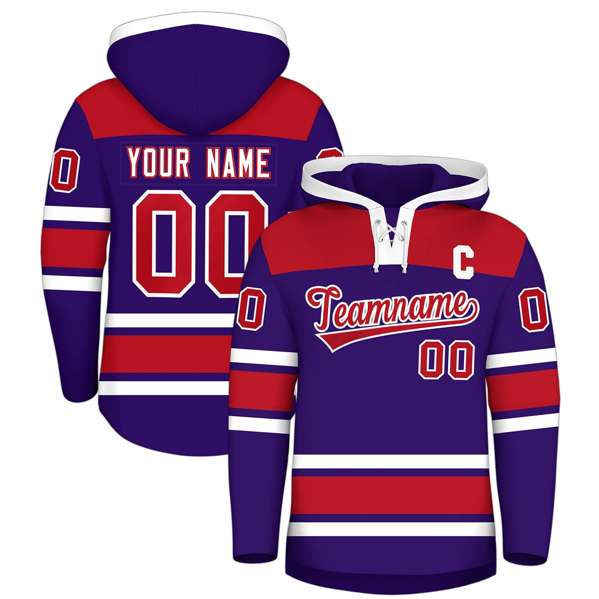 Custom Hockey Hoodie Jersey Purple Red Raglan Sleeves Lace-Up Neck Classic Team Colors Hoodie