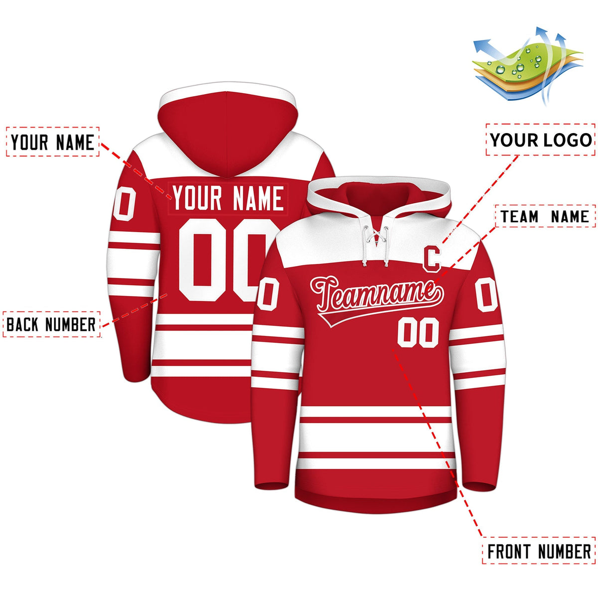 Custom Hockey Hoodie Jersey Red White Raglan Sleeves Lace-Up Neck Personalized Jersey for Men &amp; Youth