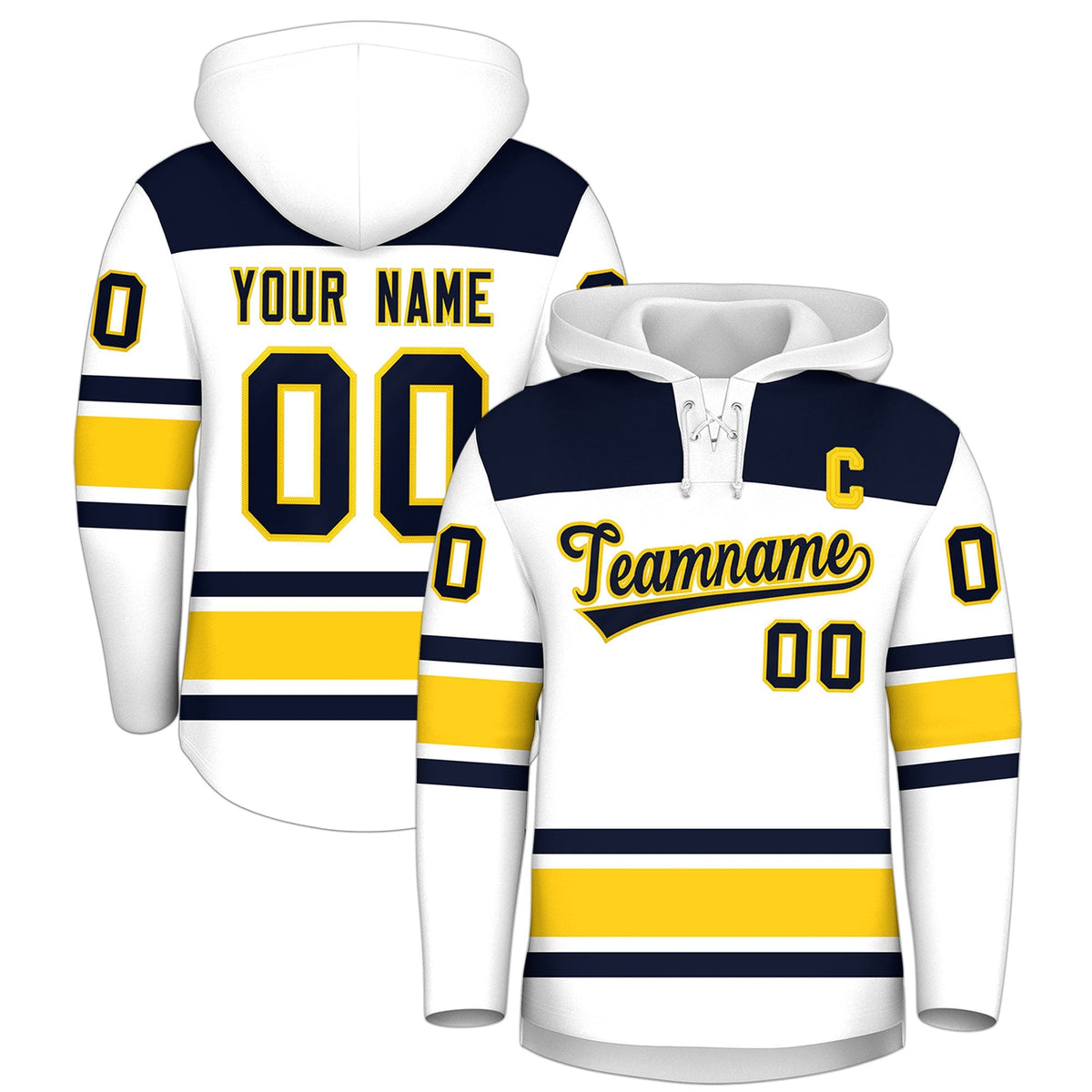 Custom Hockey Hoodie Jersey White Navy Raglan Sleeves Lace-Up Neck Classic Team Colors Hoodie