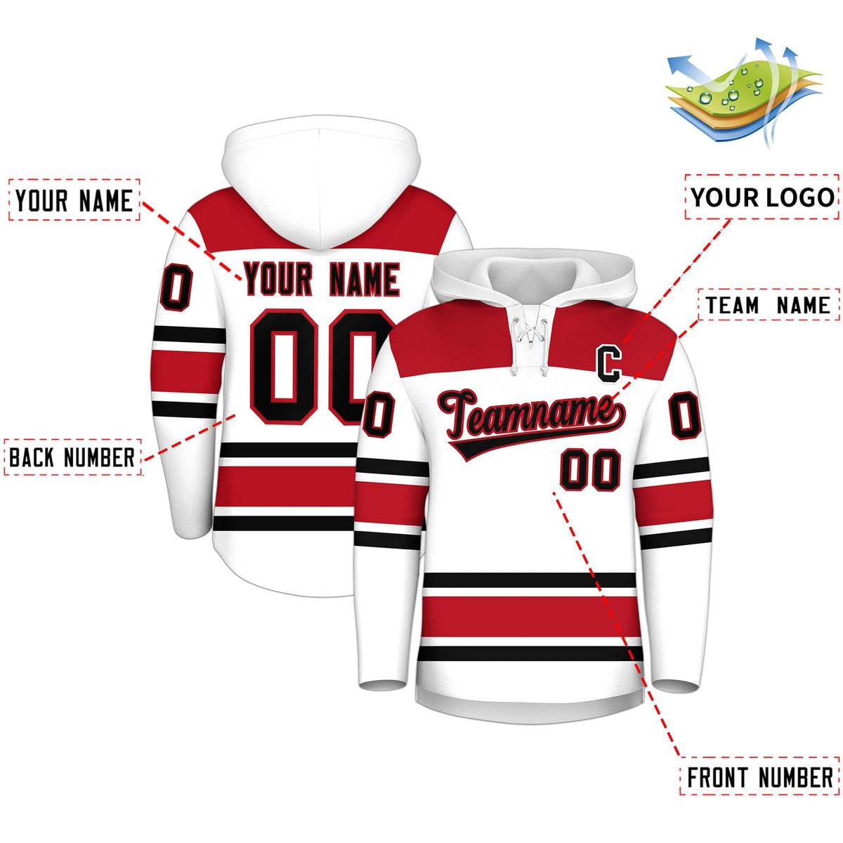 Custom Hockey Hoodie Jersey White Red Raglan Sleeves Lace-Up Neck Classic Team Colors Hoodie