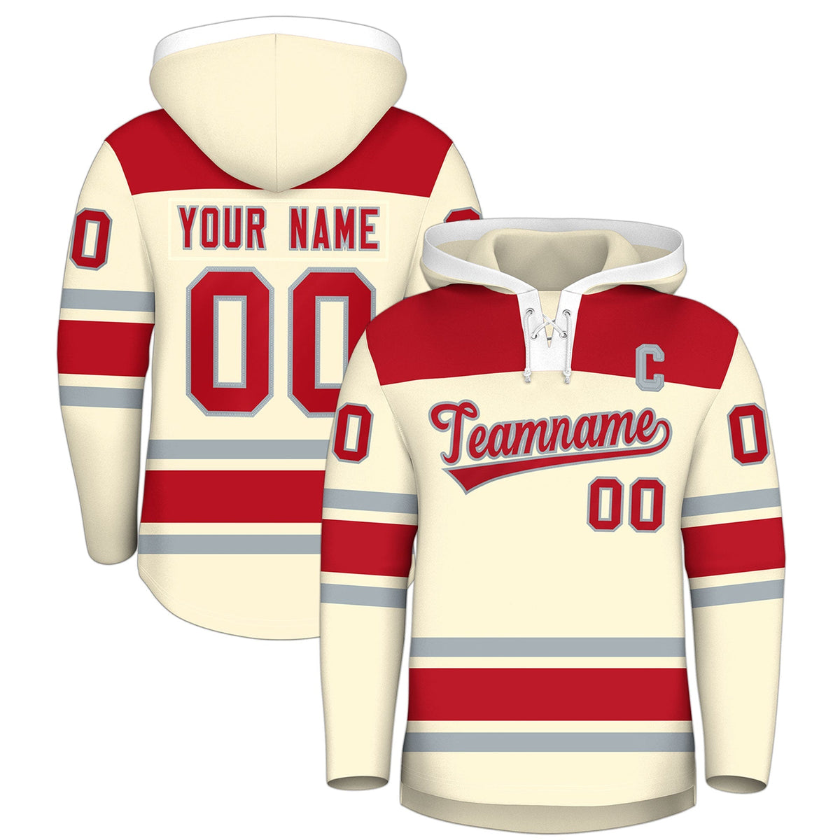 Custom Hockey Hoodie Jersey Cream Red Raglan Sleeves Lace-Up Neck Personal Name &amp; Number &amp; Logo