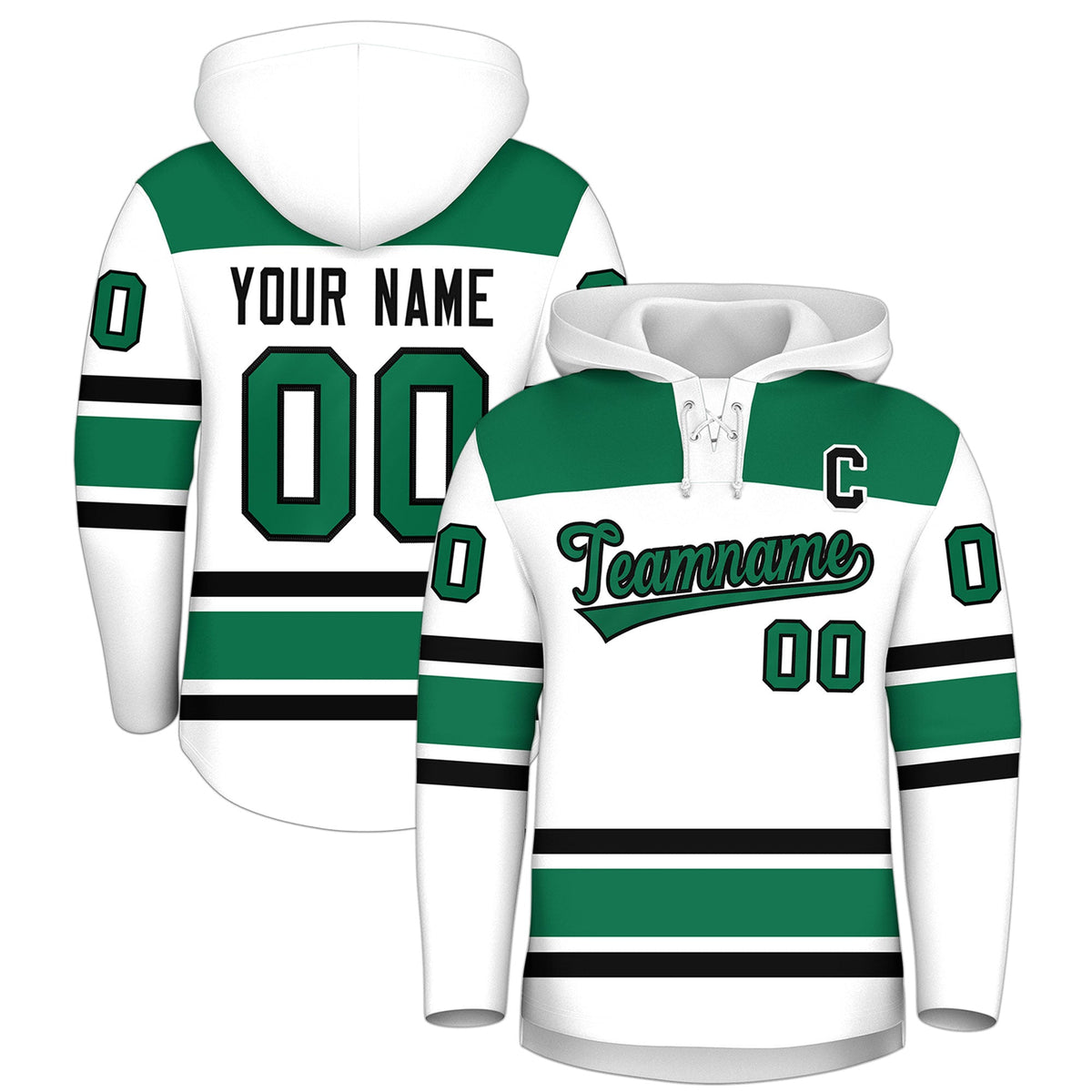 Custom Hockey Hoodie Jersey White Kelly Green Raglan Sleeves Lace-Up Neck Personalized Jersey for Men &amp; Youth