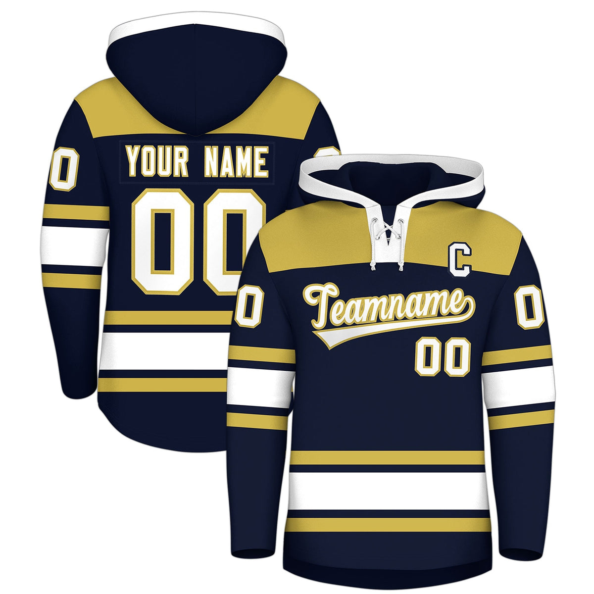 Custom Hockey Hoodie Jersey Navy Old Gold Raglan Sleeves Lace-Up Neck Personalized Jersey for Men &amp; Youth