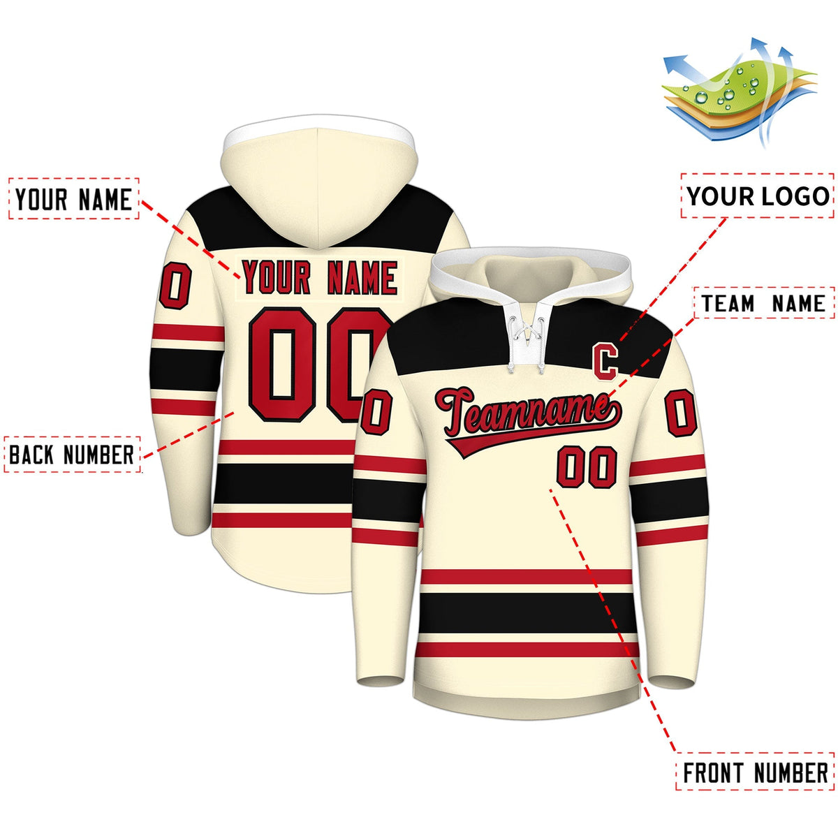 Custom Hockey Hoodie Jersey Cream Black Raglan Sleeves Lace-Up Neck Personal Name &amp; Number &amp; Logo