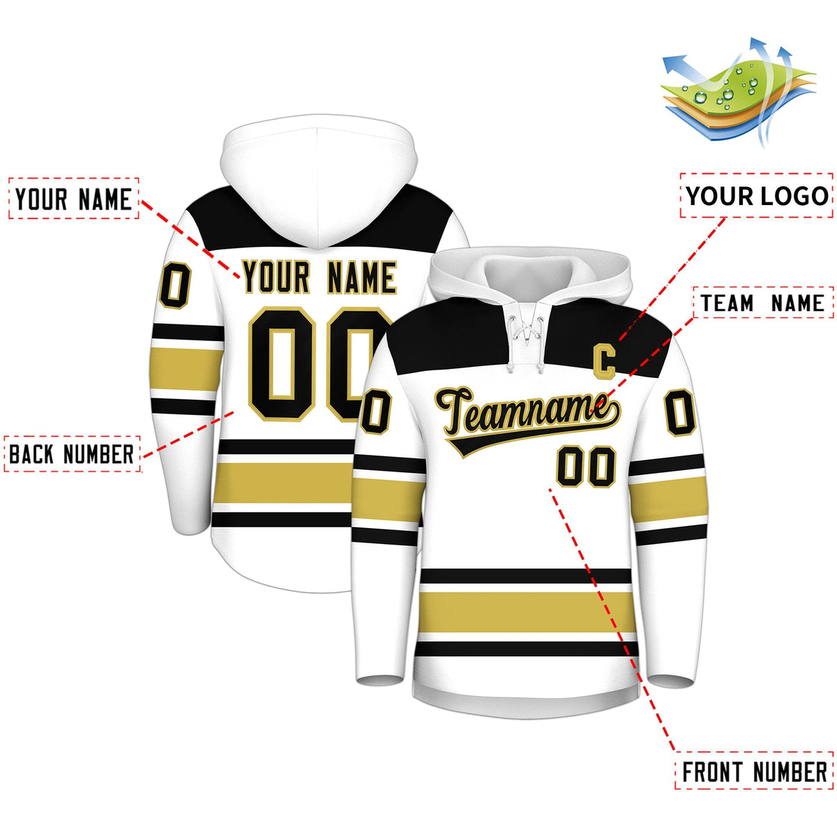 Custom Hockey Hoodie Jersey White Old Gold Raglan Sleeves Lace-Up Neck Classic Team Colors Hoodie