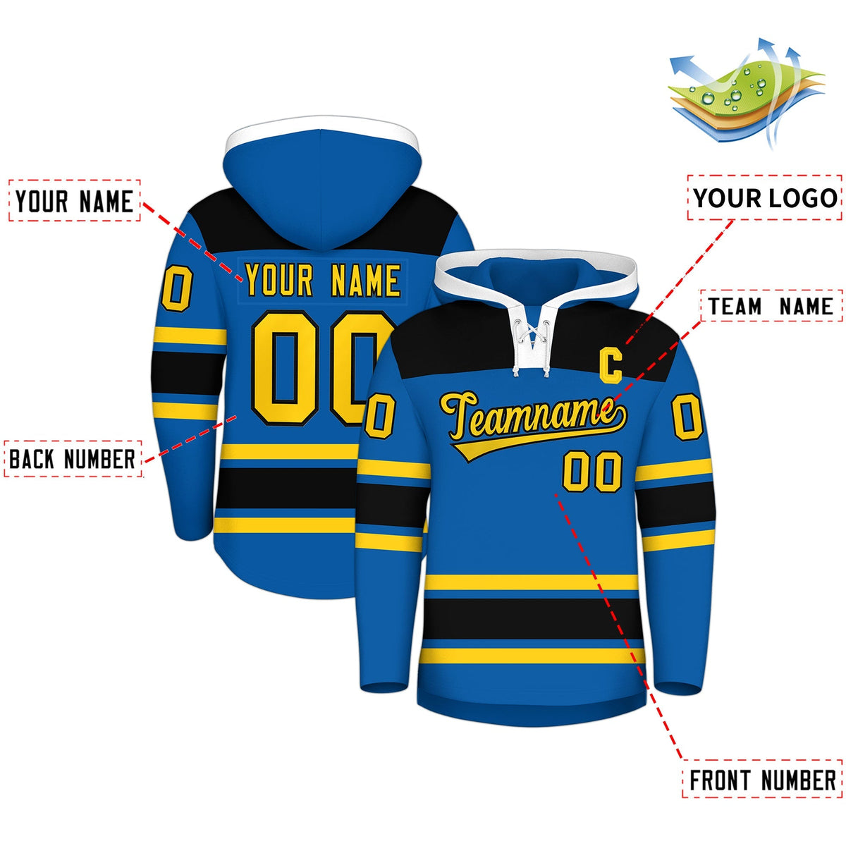 Custom Hockey Hoodie Jersey Royal Black Raglan Sleeves Lace-Up Neck Personalized Jersey for Men &amp; Youth