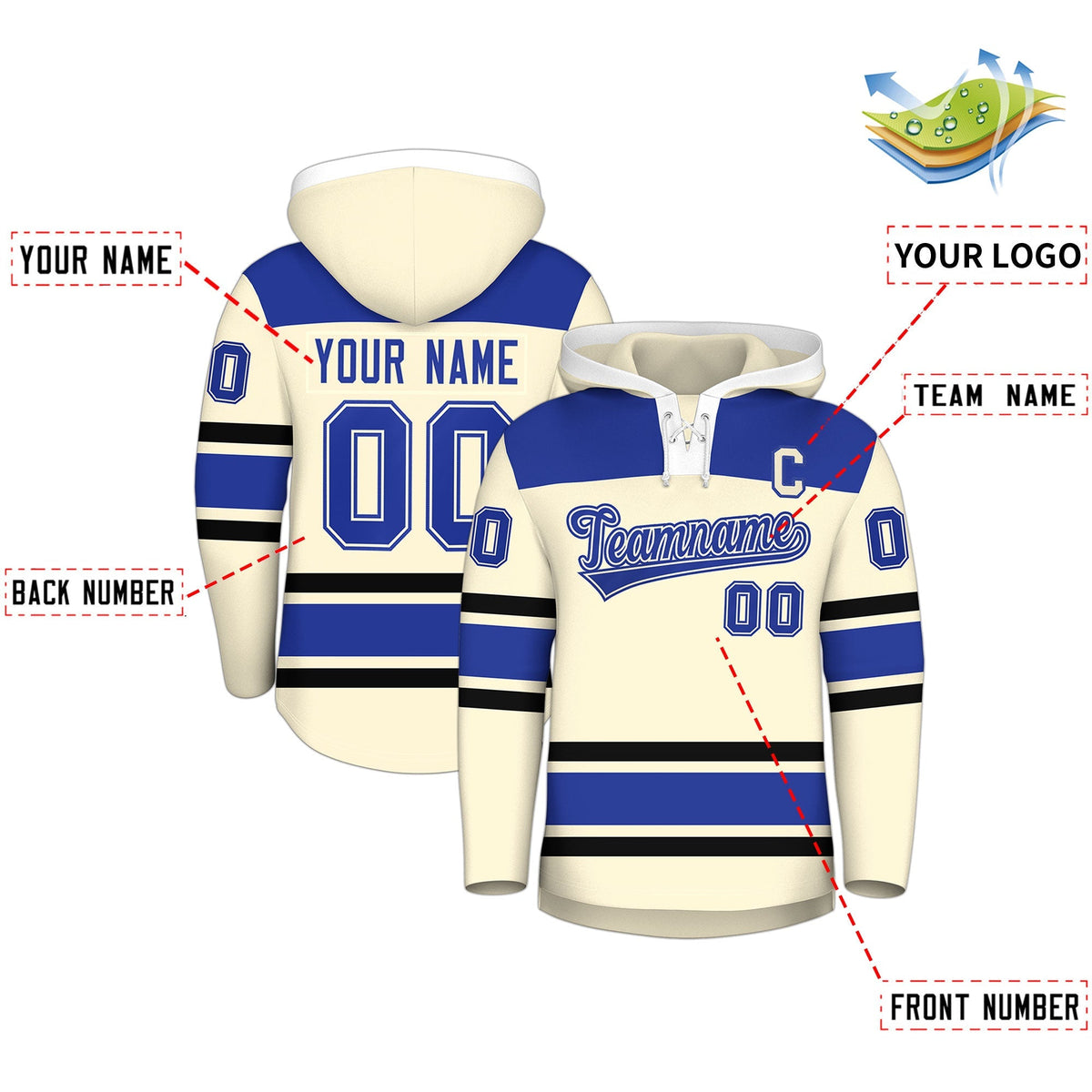 Custom Hockey Hoodie Jersey Cream Royal Blue Raglan Sleeves Lace-Up Neck Personal Name &amp; Number &amp; Logo