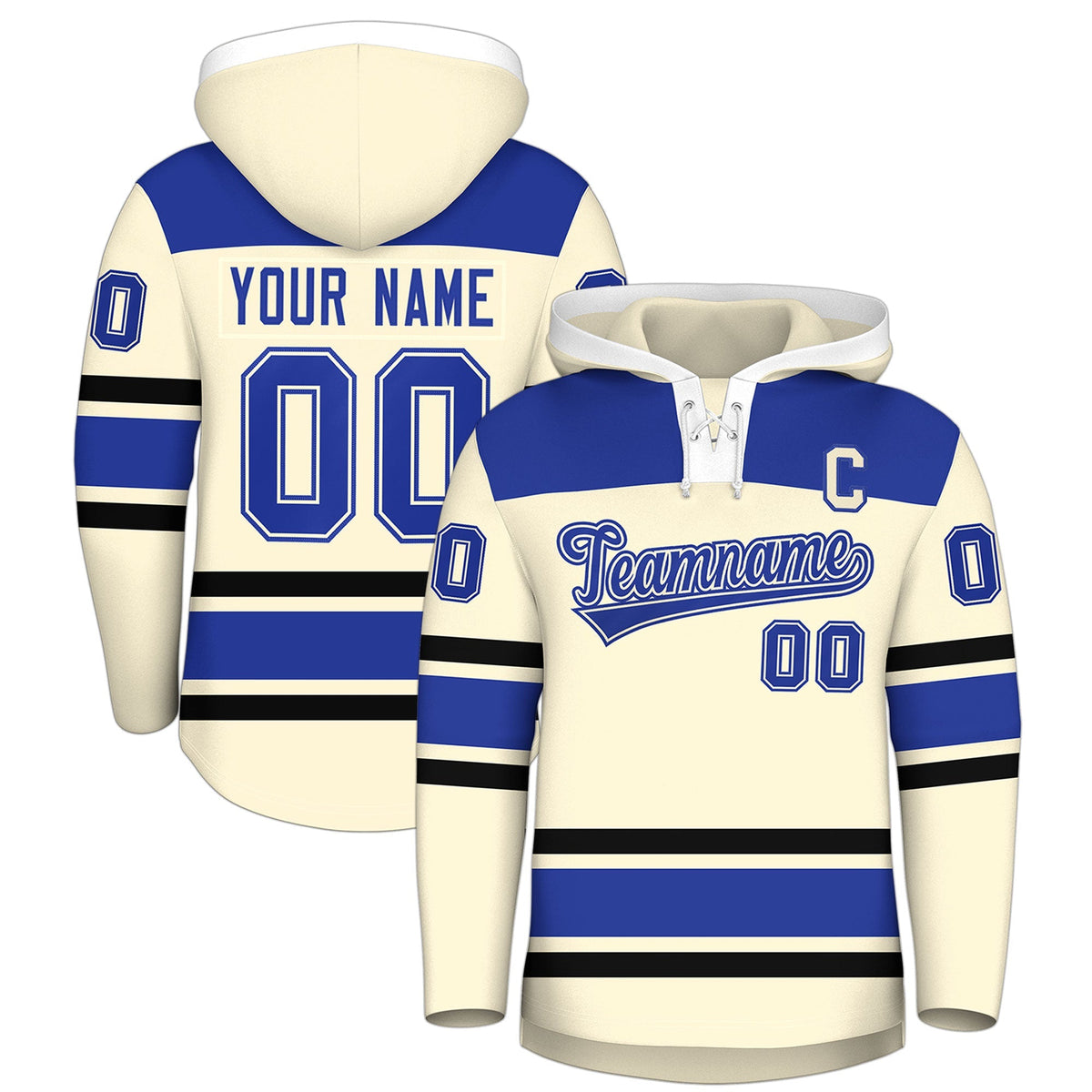 Custom Hockey Hoodie Jersey Cream Royal Blue Raglan Sleeves Lace-Up Neck Personal Name &amp; Number &amp; Logo