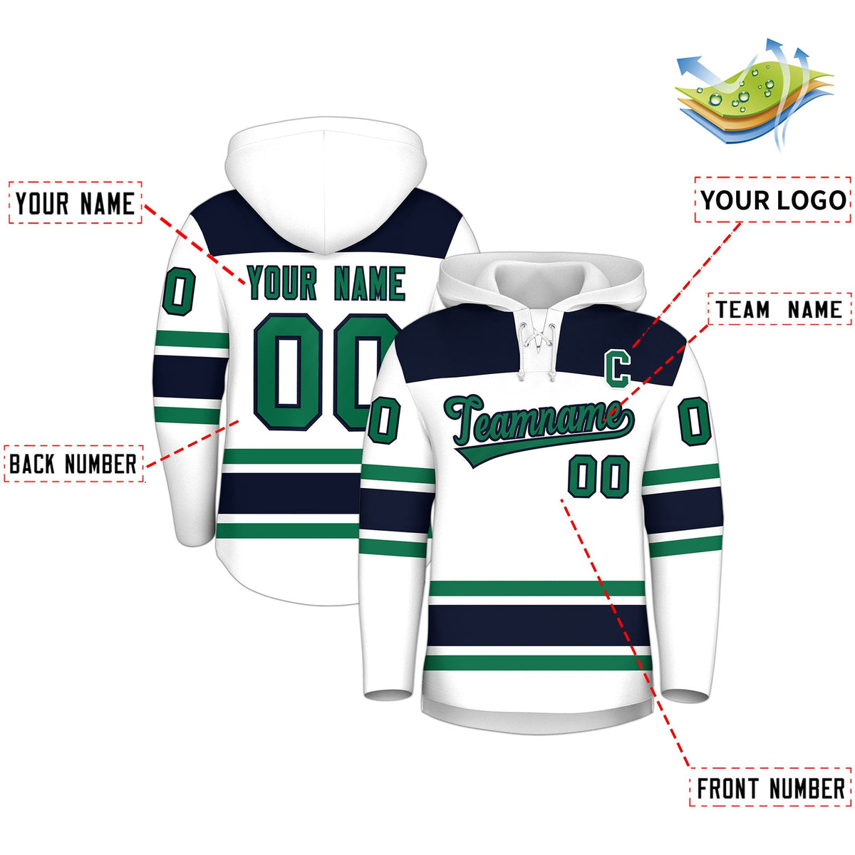 Custom Hockey Hoodie Jersey White Navy Raglan Sleeves Lace-Up Neck Classic Team Colors Hoodie