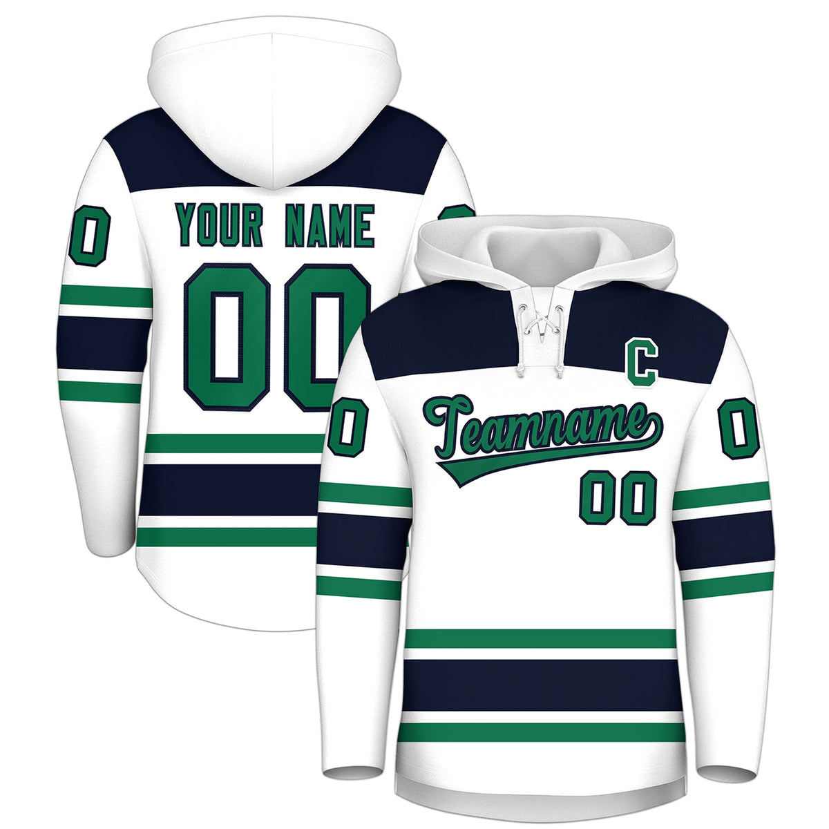 Custom Hockey Hoodie Jersey White Navy Raglan Sleeves Lace-Up Neck Classic Team Colors Hoodie