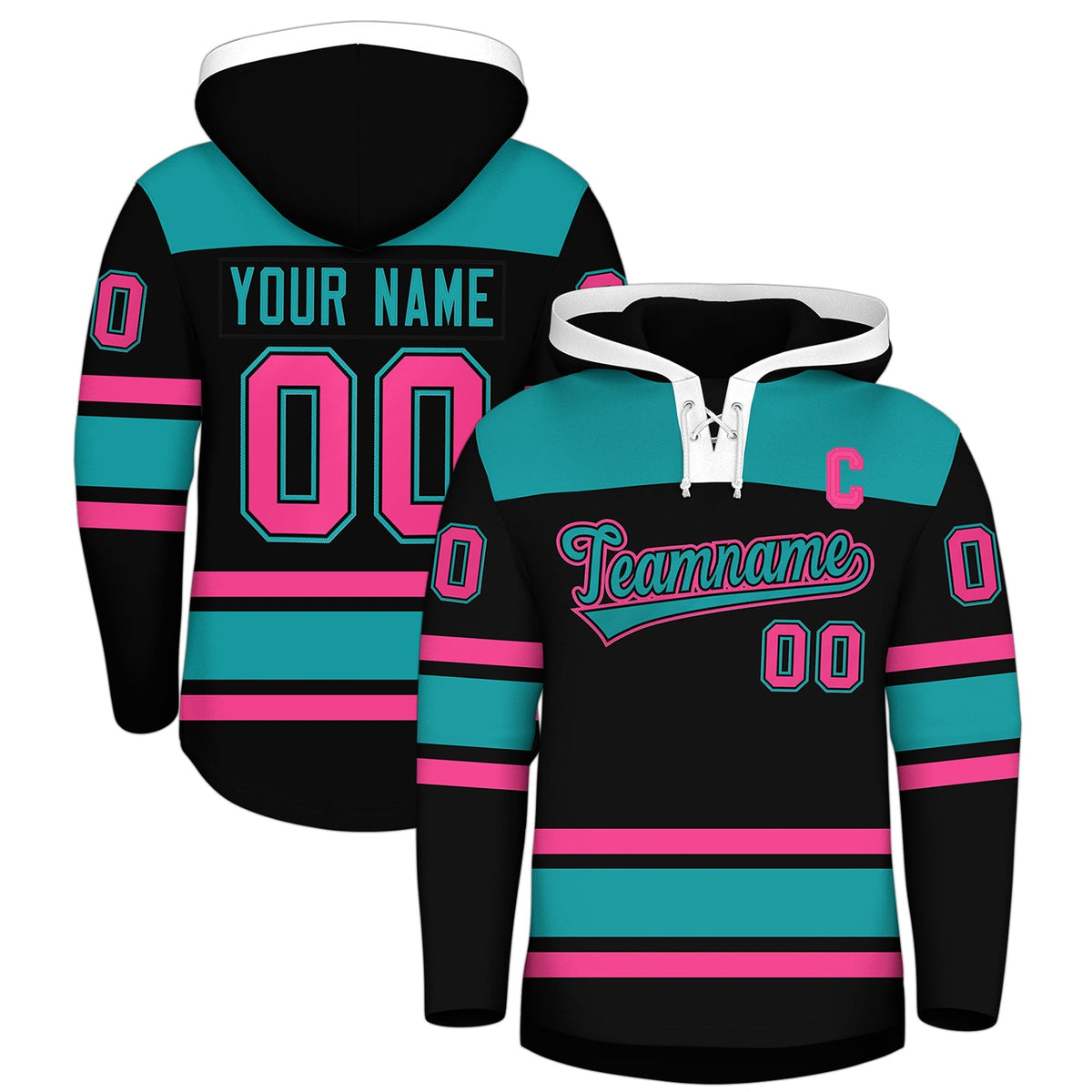 Custom Hockey Hoodie Jersey Black Aqua Raglan Sleeves Lace-Up Neck Personalized Jersey for Men &amp; Youth