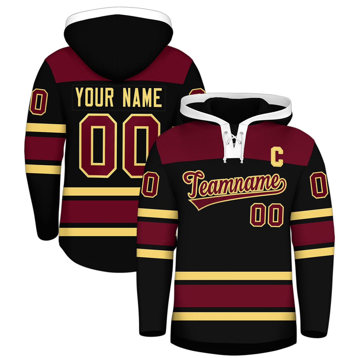 Custom Hockey Hoodie Jersey Black Crimson Raglan Sleeves Lace-Up Neck Personalized Jersey for Men &amp; Youth