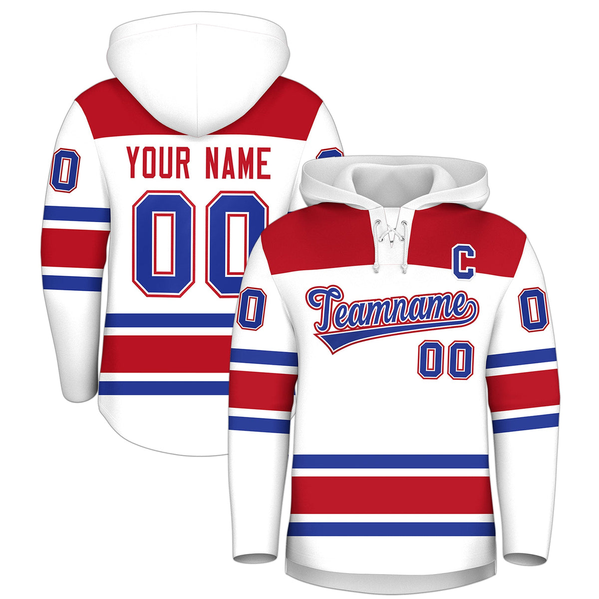 Custom Hockey Hoodie Jersey White Red Raglan Sleeves Lace-Up Neck Classic Team Colors Hoodie