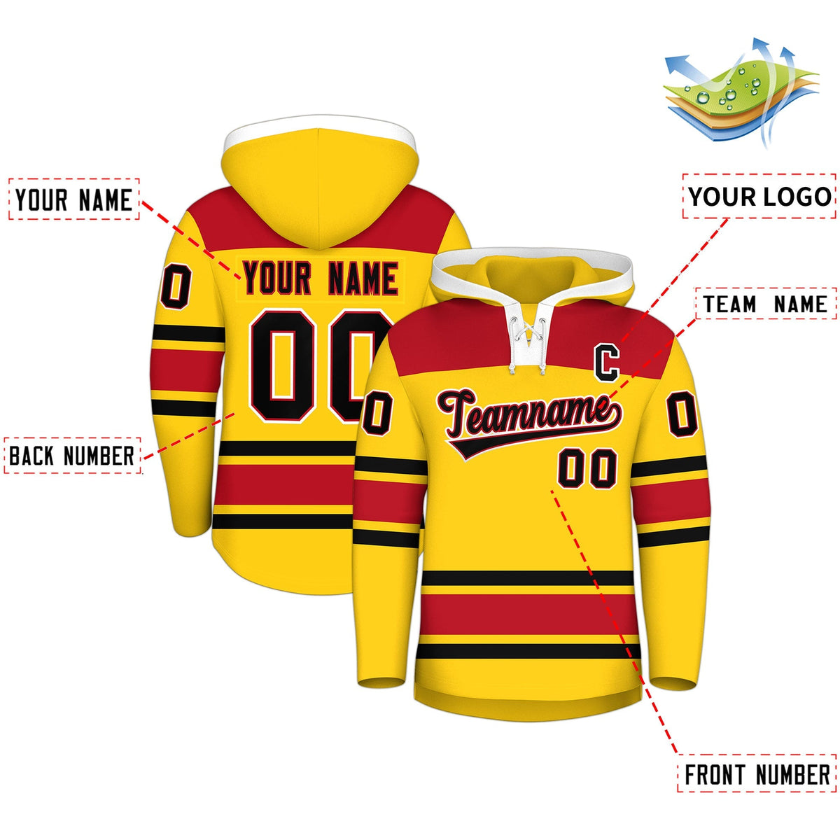 Custom Hockey Hoodie Jersey Gold Red Raglan Sleeves Lace-Up Neck Personal Name &amp; Number &amp; Logo