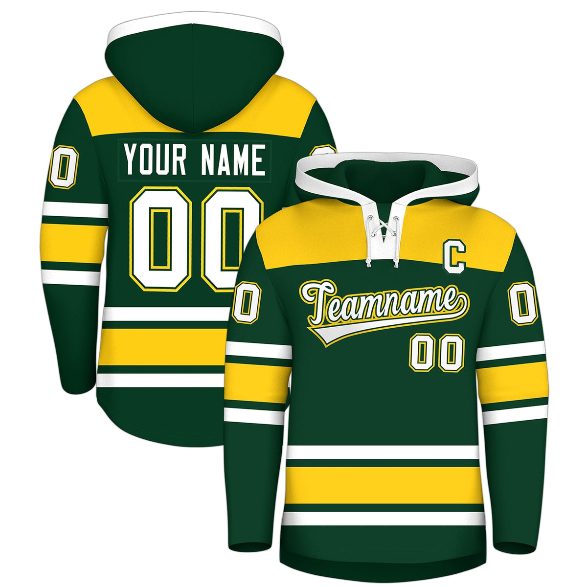 Custom Hockey Hoodie Jersey Green Gold Raglan Sleeves Lace-Up Neck Classic Team Colors Hoodie