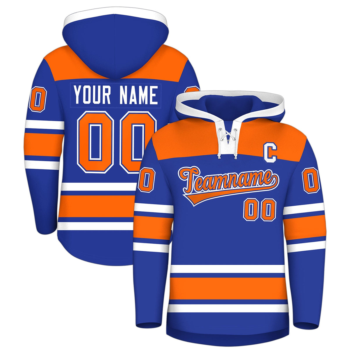 Custom Hockey Hoodie Jersey Royal Blue Orange Raglan Sleeves Lace-Up Neck Personal Name & Number & Logo