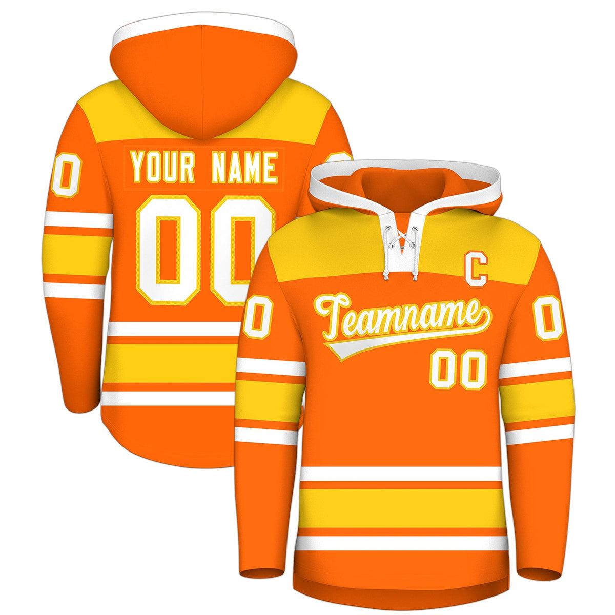 Custom Hockey Hoodie Jersey Orange Gold Raglan Sleeves Lace-Up Neck Personal Name &amp; Number &amp; Logo
