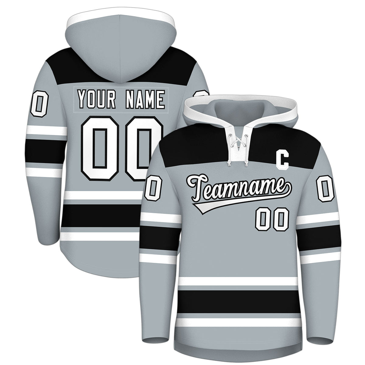 Custom Hockey Hoodie Jersey Silver Black Raglan Sleeves Lace-Up Neck Classic Team Colors Hoodie