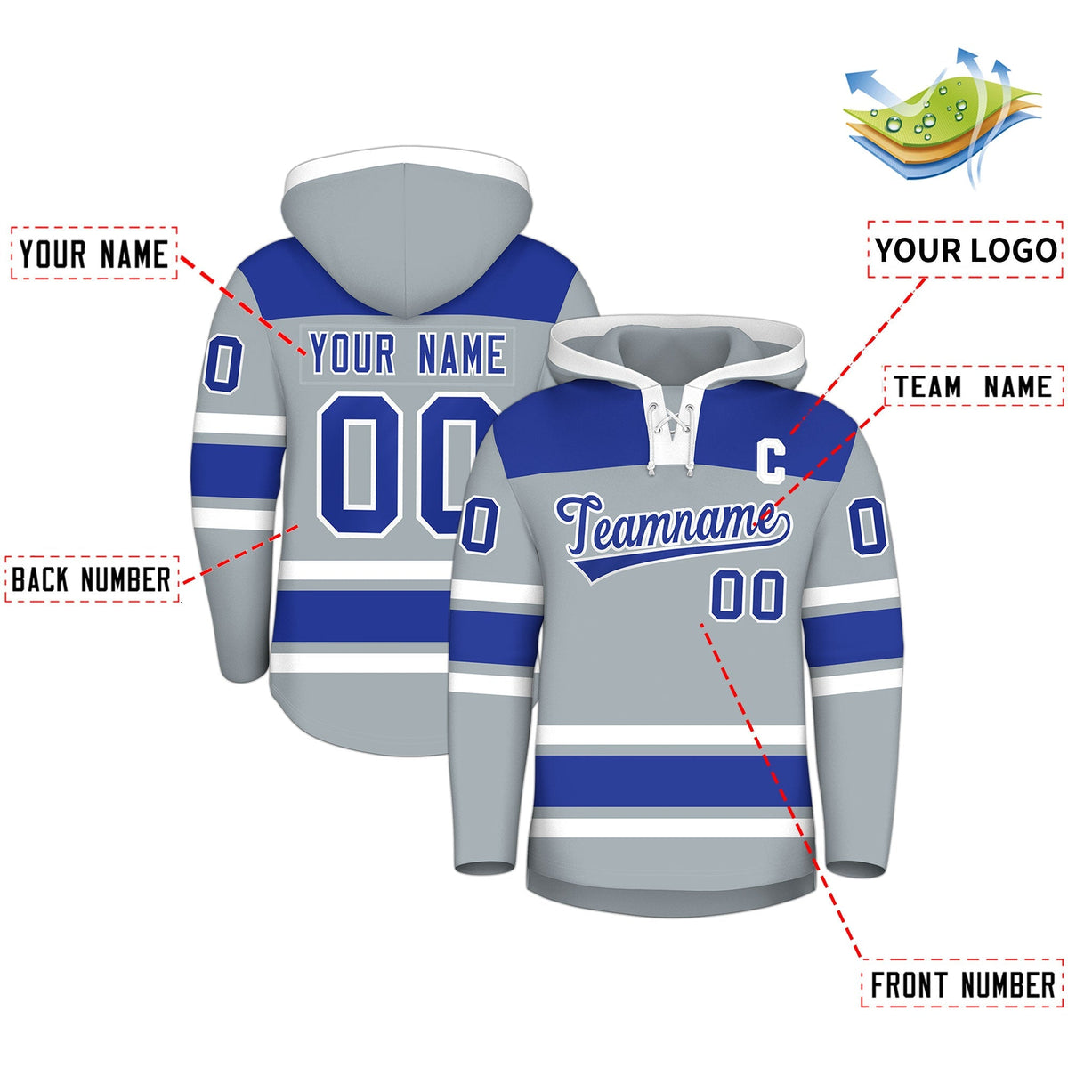 Custom Hockey Hoodie Jersey Silver Royal Blue Raglan Sleeves Lace-Up Neck Personalized Jersey for Men &amp; Youth