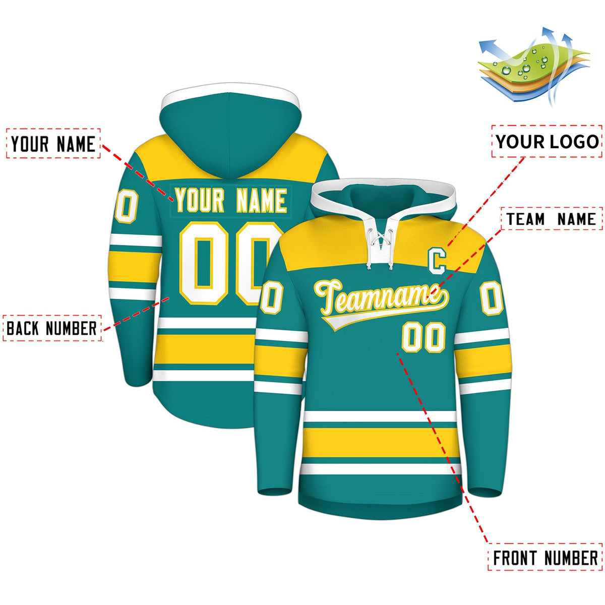 Custom Hockey Hoodie Jersey Teal Gold Raglan Sleeves Lace-Up Neck Personal Name &amp; Number &amp; Logo