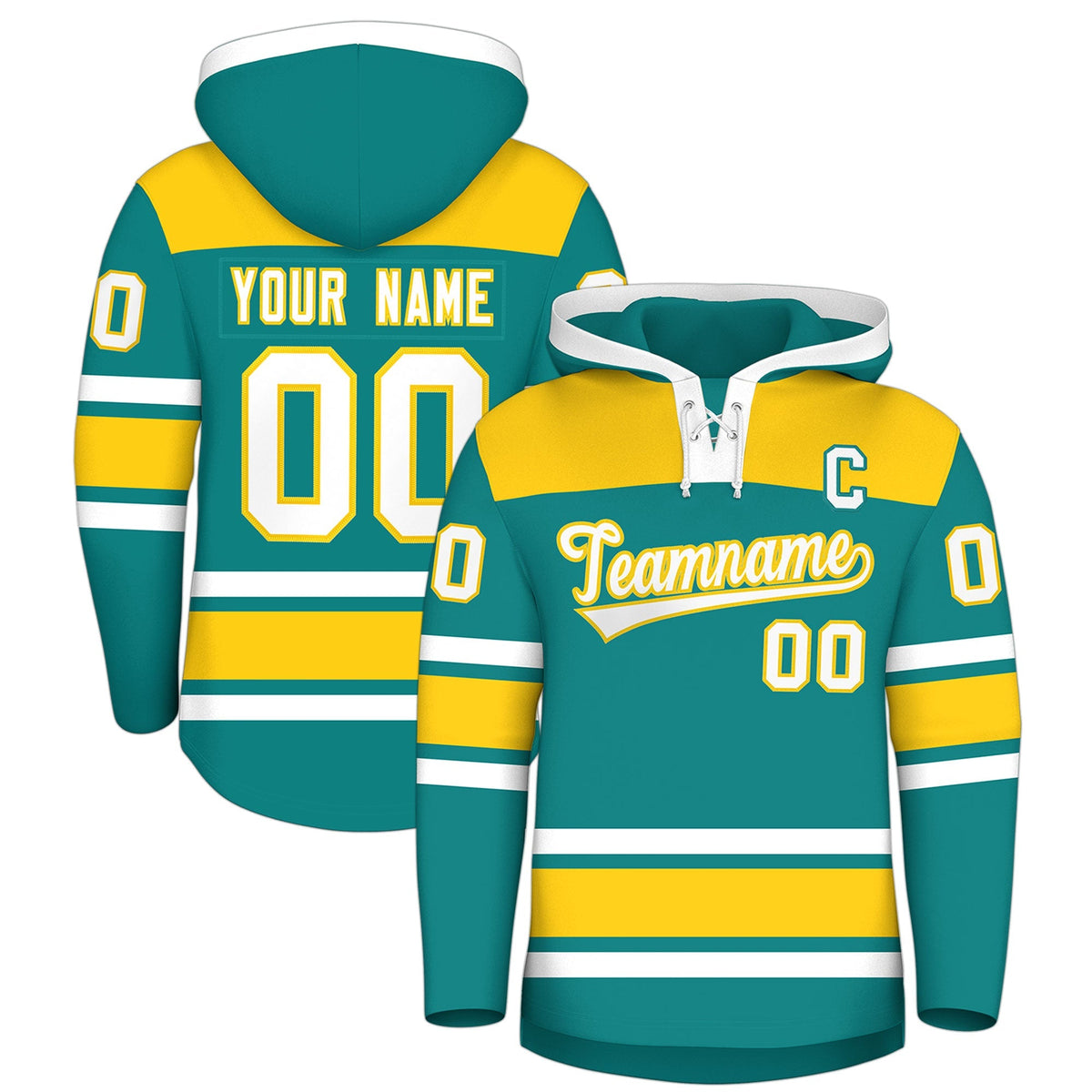 Custom Hockey Hoodie Jersey Teal Gold Raglan Sleeves Lace-Up Neck Personal Name &amp; Number &amp; Logo