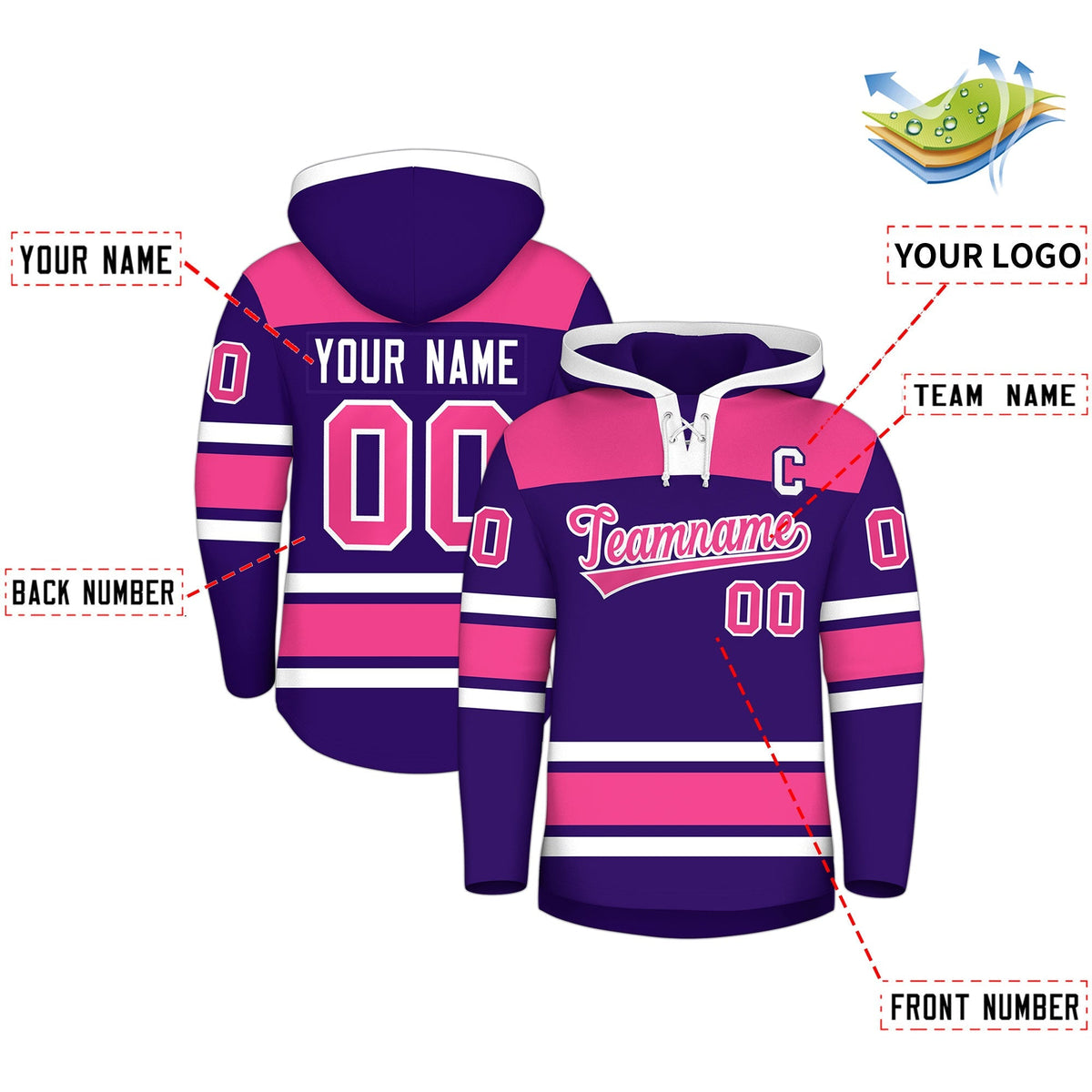Custom Hockey Hoodie Jersey Purple Pink Raglan Sleeves Lace-Up Neck Classic Team Colors Hoodie