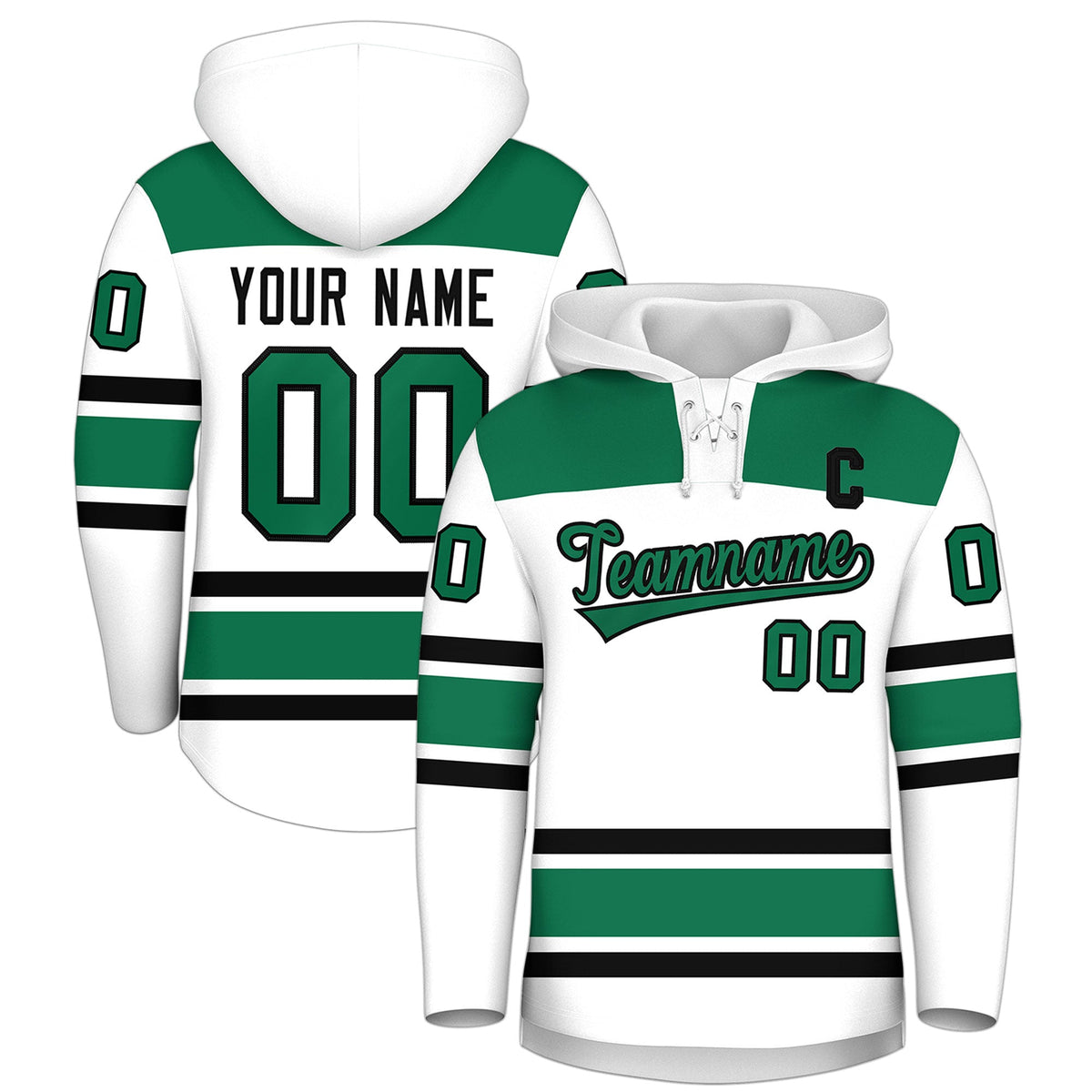 Custom Hockey Hoodie Jersey White Kelly Green Raglan Sleeves Lace-Up Neck Classic Team Colors Hoodie