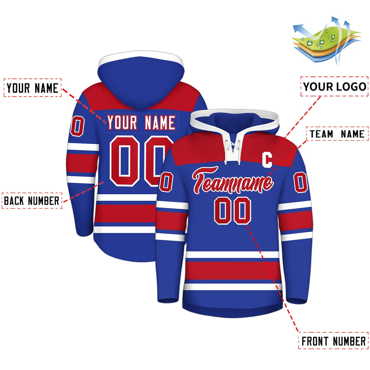 Custom Hockey Hoodie Jersey Royal Blue Red Raglan Sleeves Lace-Up Neck Personal Name &amp; Number &amp; Logo