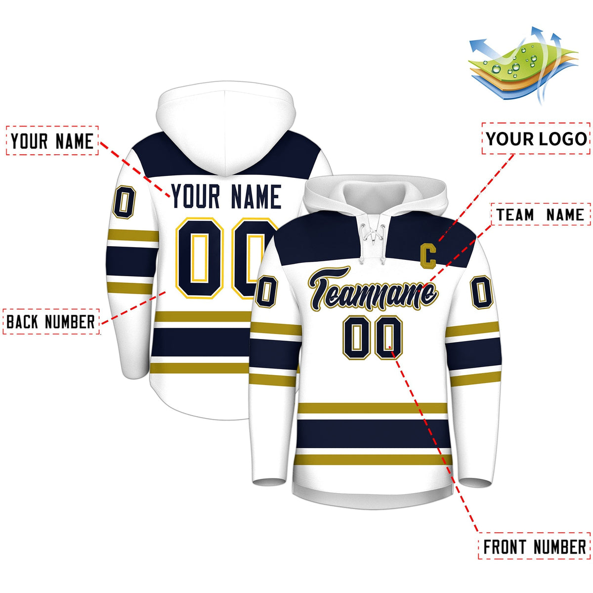Custom Hockey Hoodie Jersey White Navy Raglan Sleeves Lace-Up Neck Personal Name &amp; Number &amp; Logo