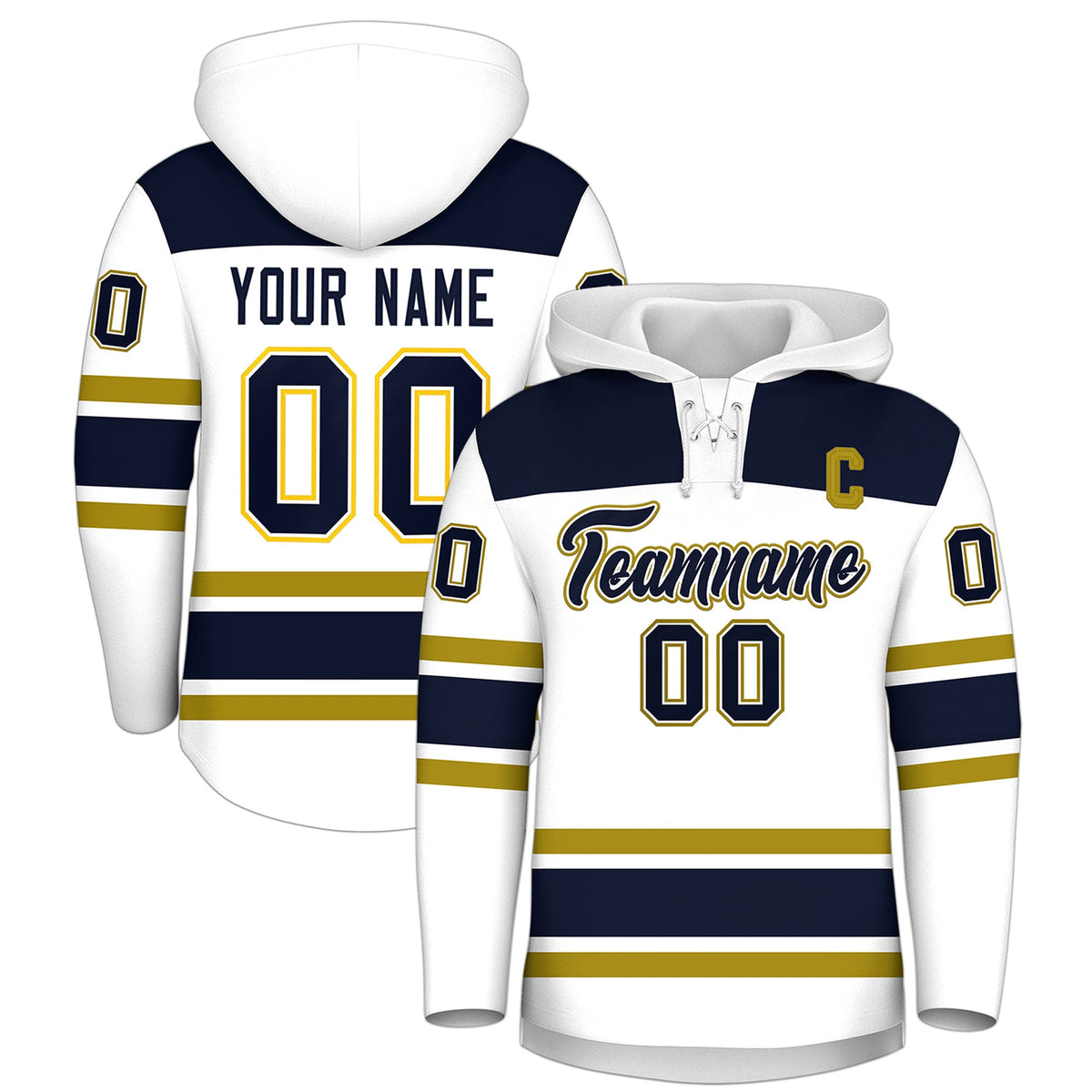 Custom Hockey Hoodie Jersey White Navy Raglan Sleeves Lace-Up Neck Personal Name &amp; Number &amp; Logo