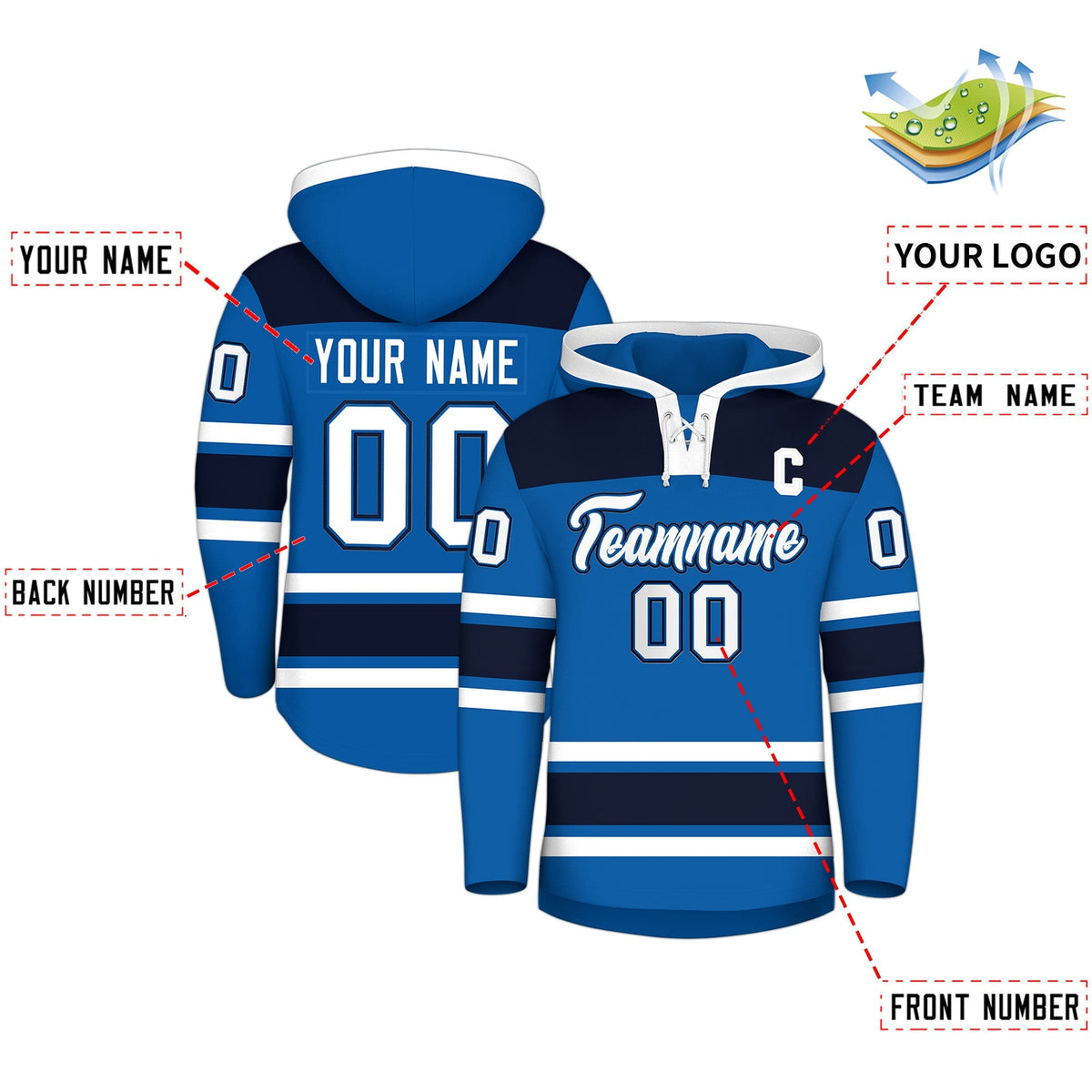 Custom Hockey Hoodie Jersey Royal Navy Raglan Sleeves Lace-Up Neck Personal Name &amp; Number &amp; Logo