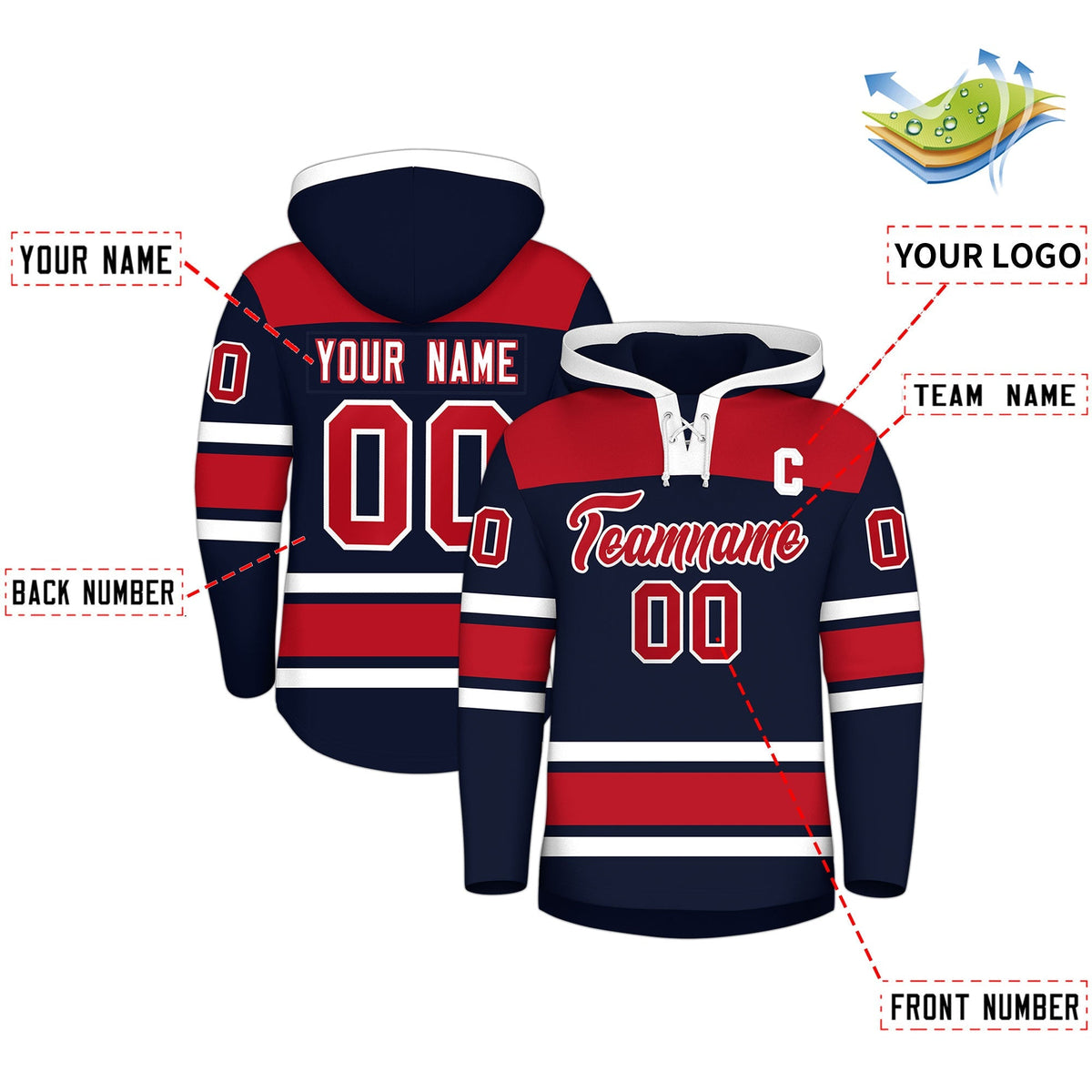Custom Hockey Hoodie Jersey Navy Red Raglan Sleeves Lace-Up Neck Classic Team Colors Hoodie