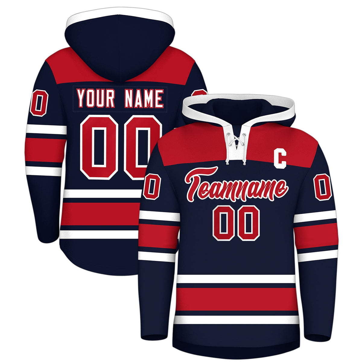 Custom Hockey Hoodie Jersey Navy Red Raglan Sleeves Lace-Up Neck Classic Team Colors Hoodie