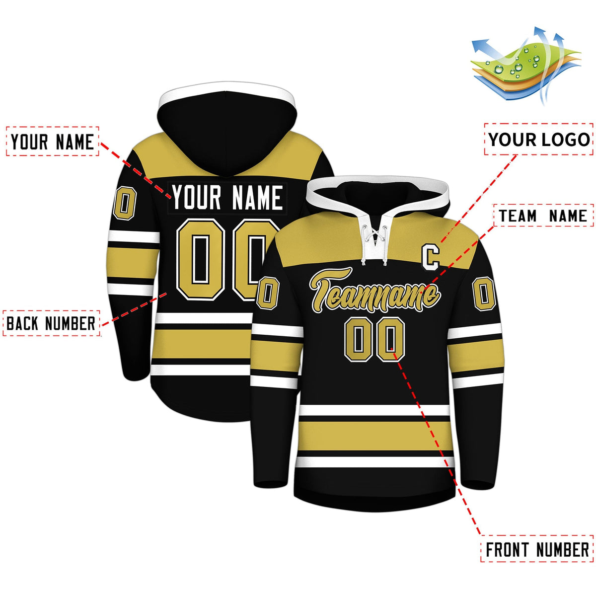 Custom Hockey Hoodie Jersey Black Old Gold Raglan Sleeves Lace-Up Neck Personal Name &amp; Number &amp; Logo