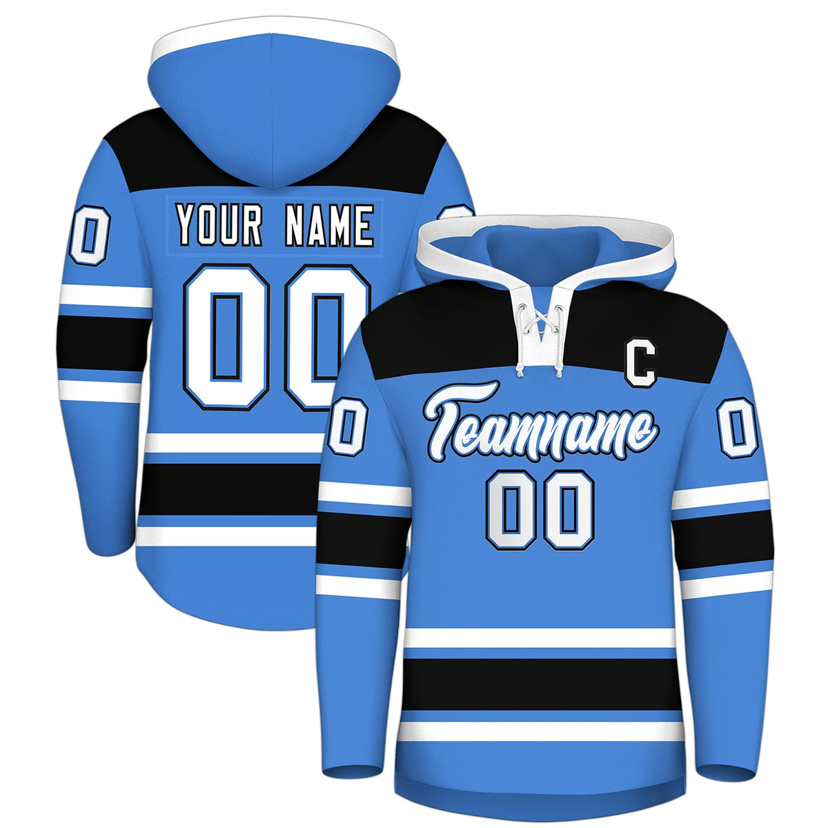 Custom Hockey Hoodie Jersey Powder Blue Black Raglan Sleeves Lace-Up Neck Classic Team Colors Hoodie