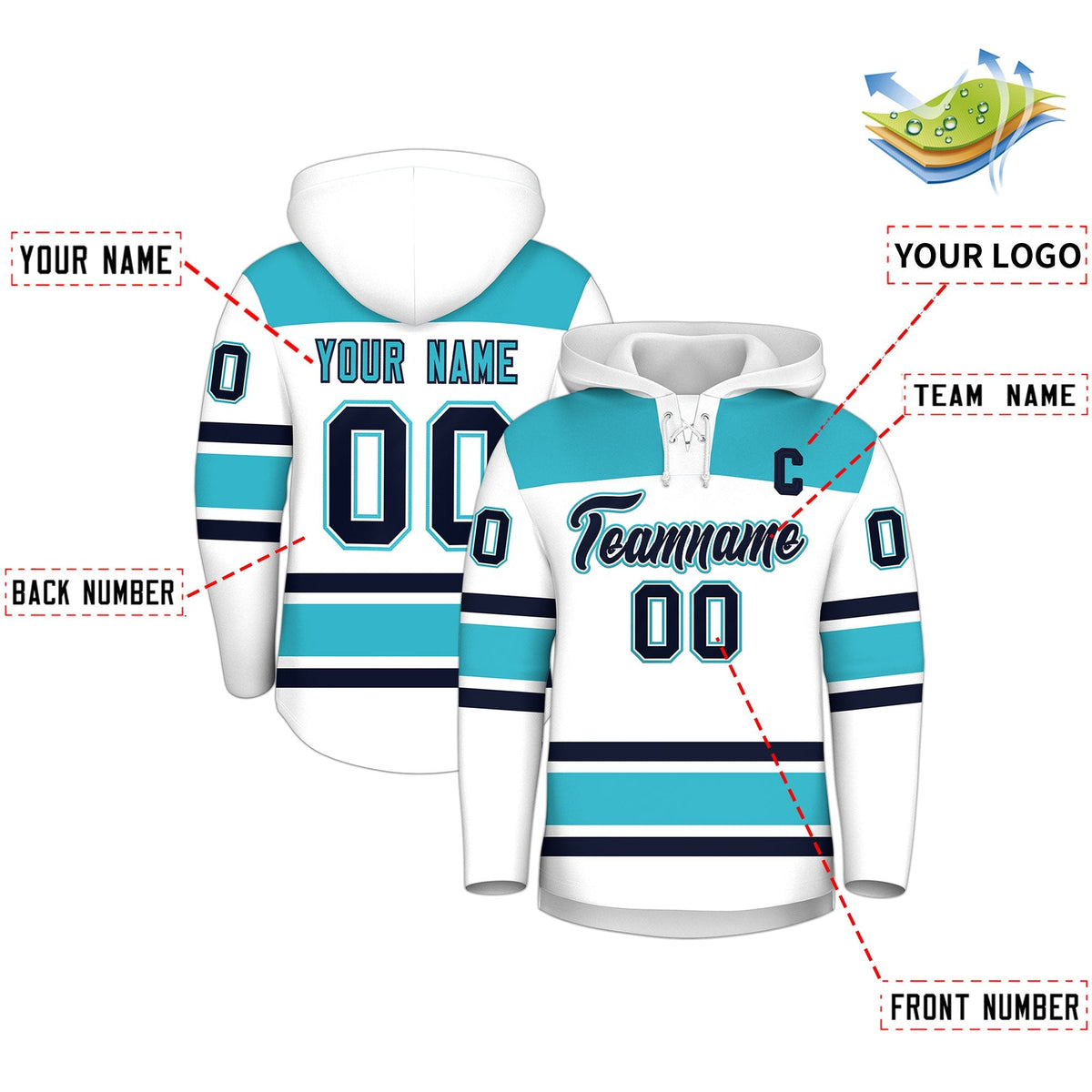 Custom Hockey Hoodie Jersey White Sky Blue Raglan Sleeves Lace-Up Neck Personalized Jersey for Men &amp; Youth