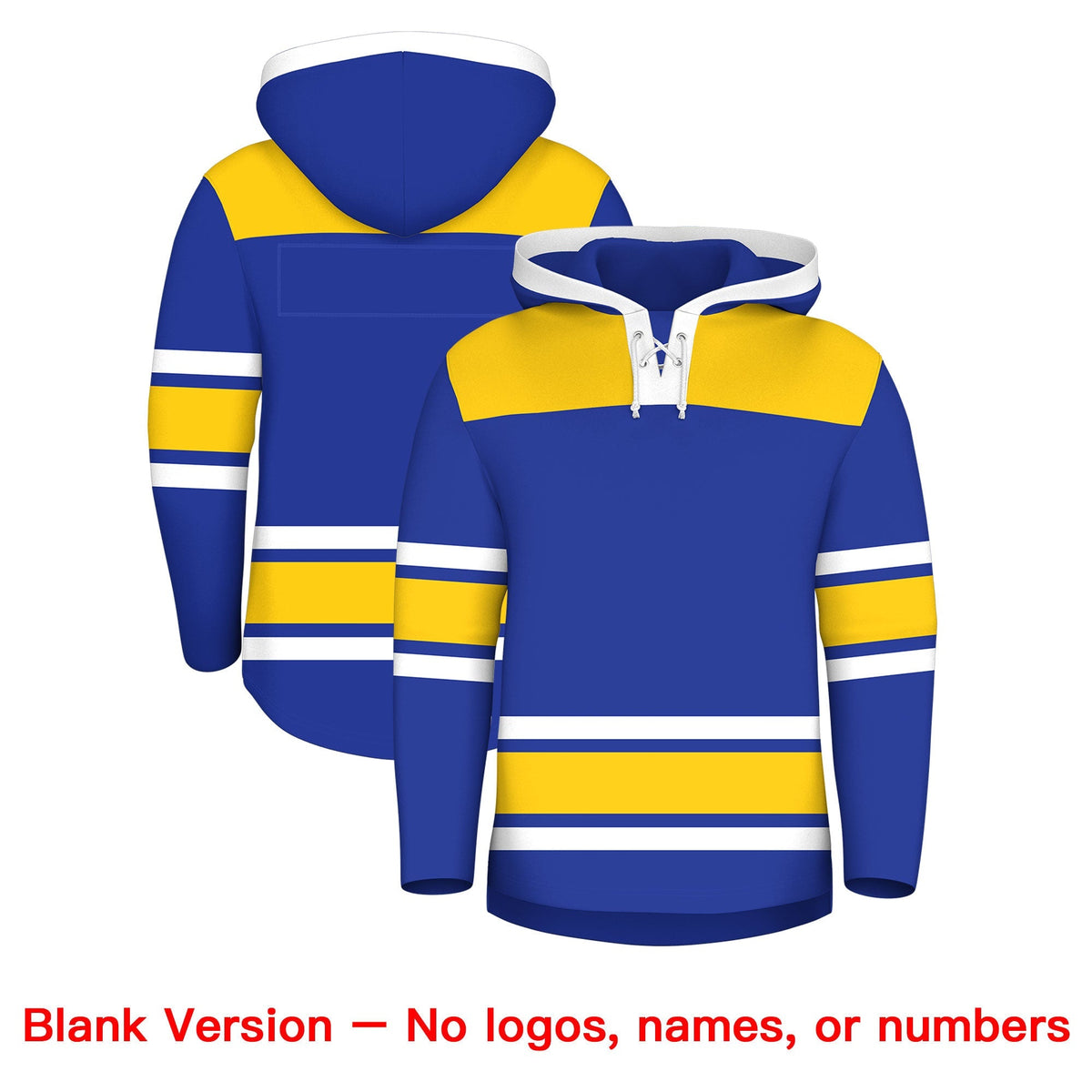 Custom Hockey Hoodie Jersey Royal Blue Gold Raglan Sleeves Lace-Up Neck Personal Name &amp; Number &amp; Logo