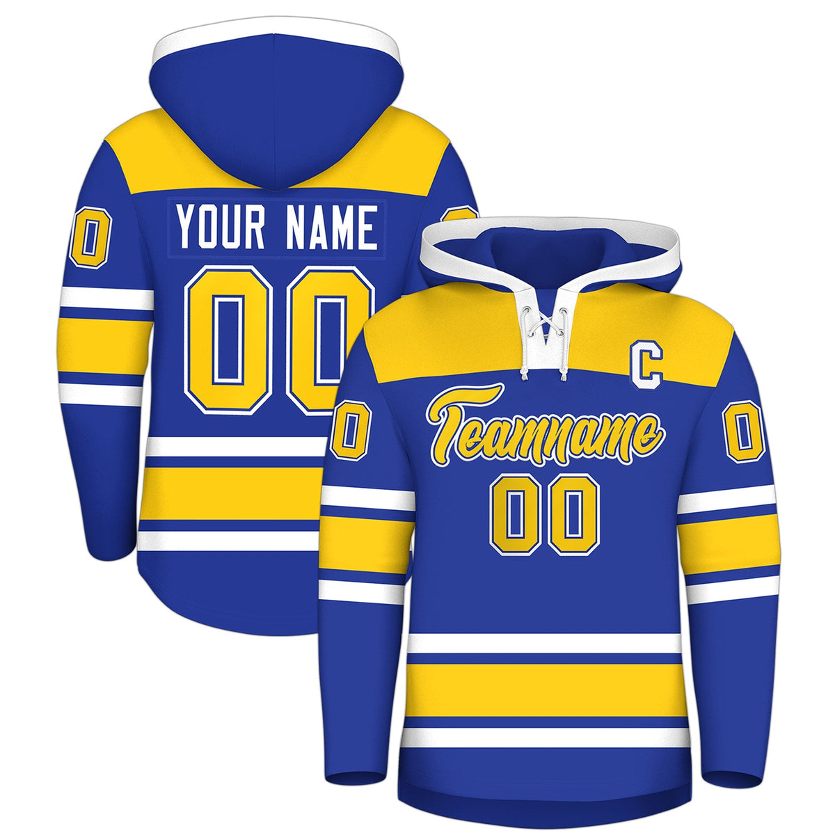 Custom Hockey Hoodie Jersey Royal Blue Gold Raglan Sleeves Lace-Up Neck Personal Name &amp; Number &amp; Logo
