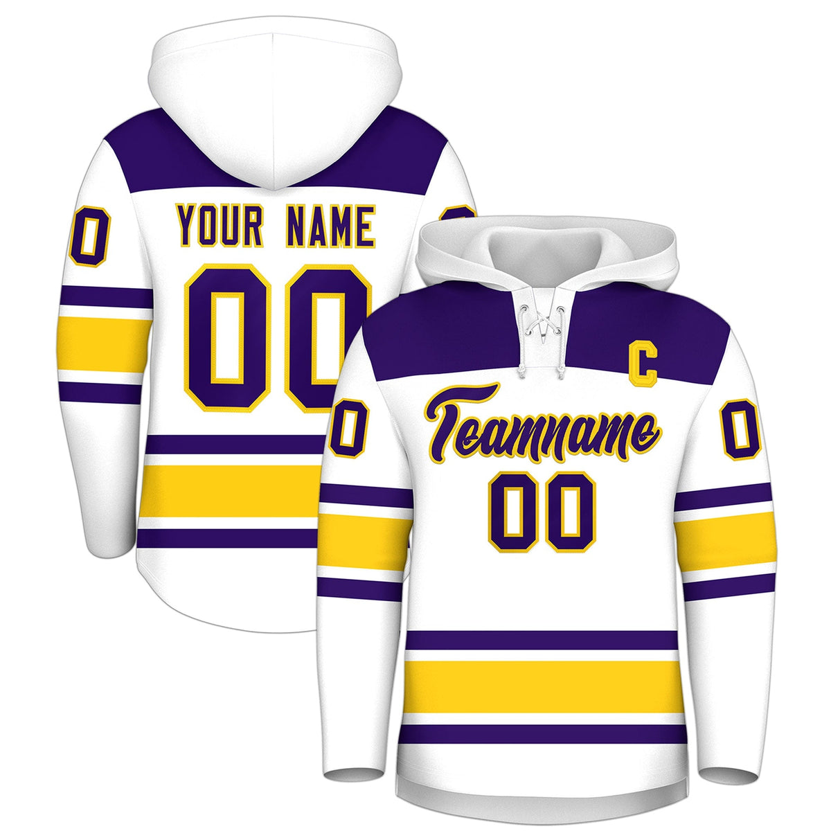 Custom Hockey Hoodie Jersey White Gold Raglan Sleeves Lace-Up Neck Personal Name &amp; Number &amp; Logo