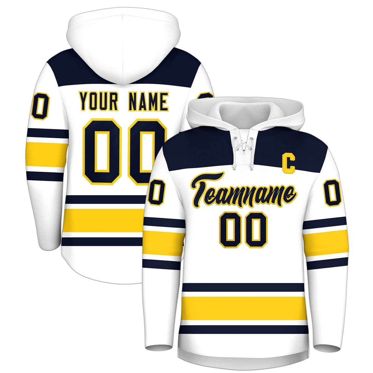 Custom Hockey Hoodie Jersey White Navy Raglan Sleeves Lace-Up Neck Classic Team Colors Hoodie