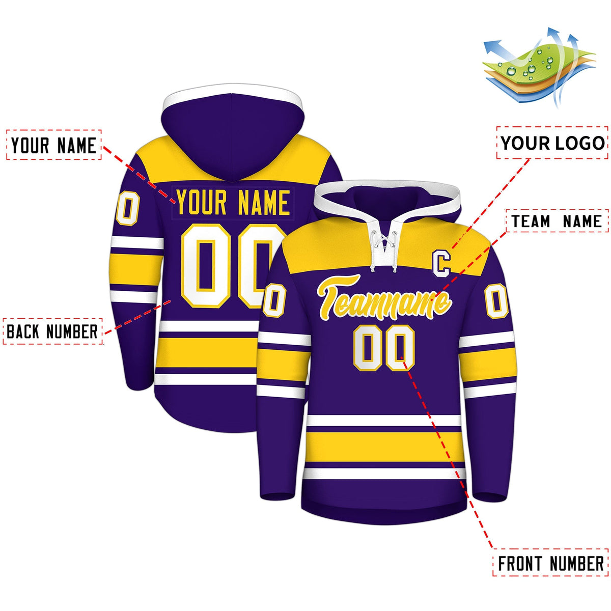 Custom Hockey Hoodie Jersey Purple Gold Raglan Sleeves Lace-Up Neck Personalized Jersey for Men &amp; Youth