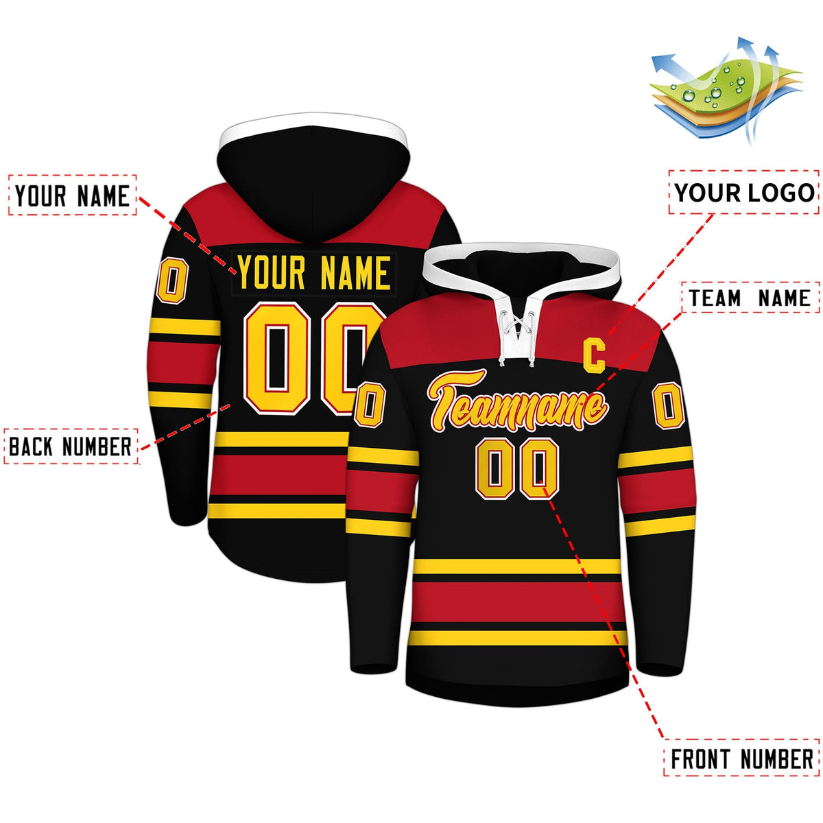 Custom Hockey Hoodie Jersey Black Red Raglan Sleeves Lace-Up Neck Personal Name &amp; Number &amp; Logo